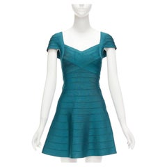 HERVE LEGER abito bandage verde acqua con maniche a cuore e svasato S