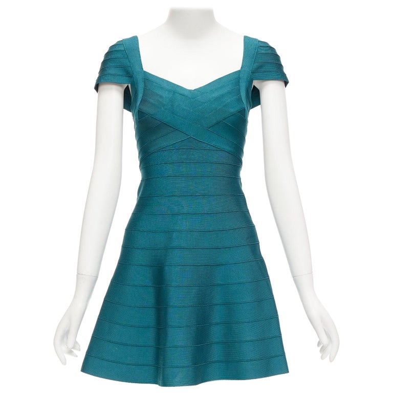 Herve Leger Teal Green Cap Sleeve Sweetheart Fit Flare Bandage Dress S
