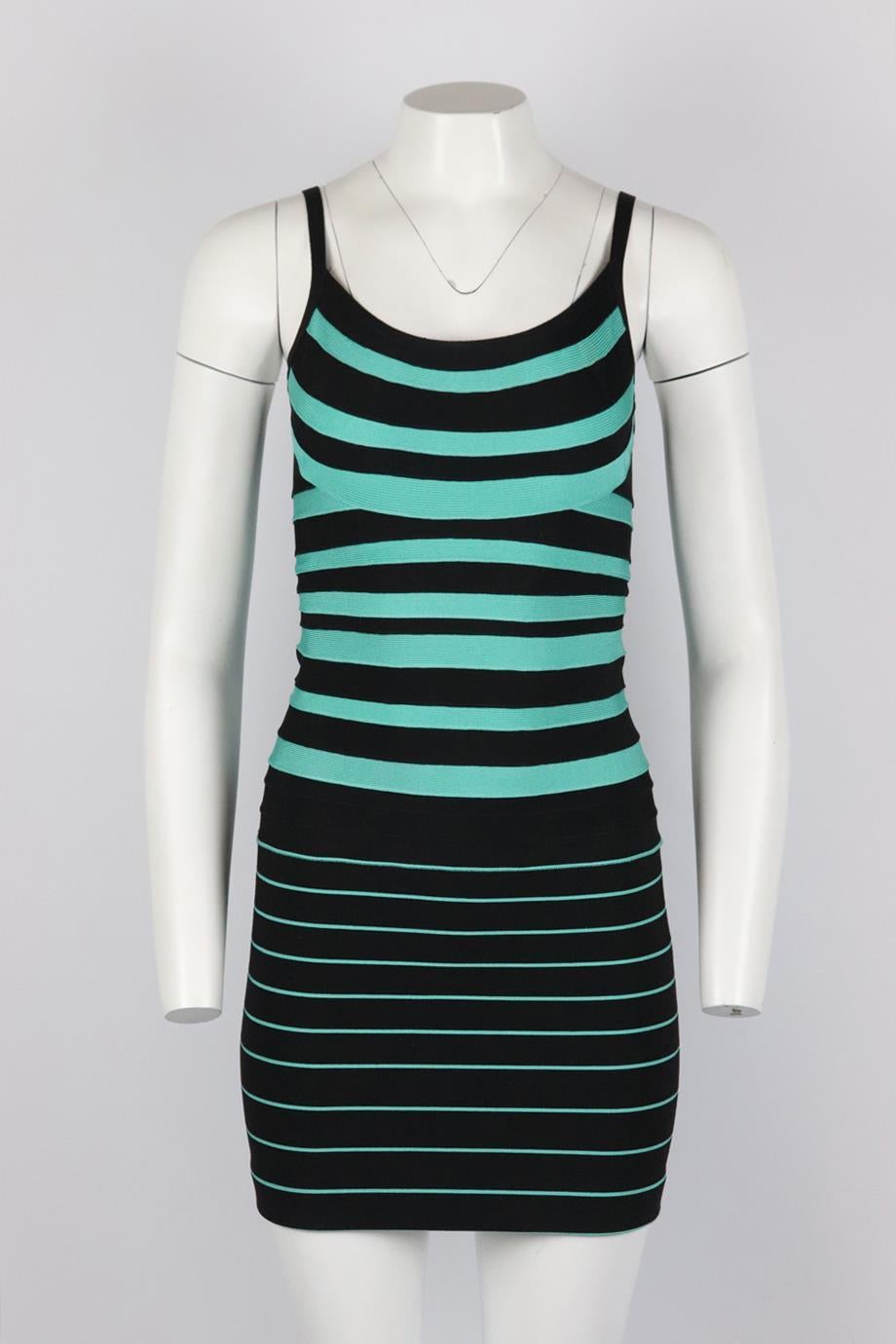 Herve Leger two tone bandage mini dress. Green and black. Sleeveless, scoop neck. Zip fastening at back. 90% Rayon, 9% nylon, 1% elastane. Size: Small (UK 8, US 4, FR 36, IT 40). Bust: 29 in. Waist: 23 in. Hips: 30 in. Length: 31 in. Very good