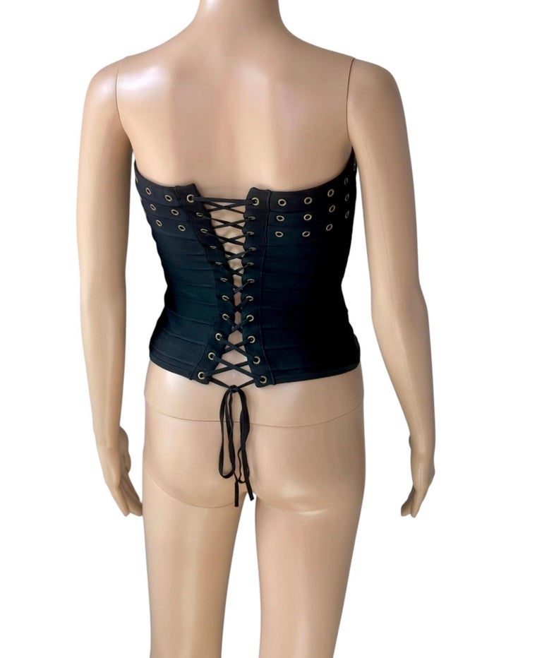 Herve Leger Vintage 1990 s Lace-Up Bandage Black Knit Crop Top For Sale at