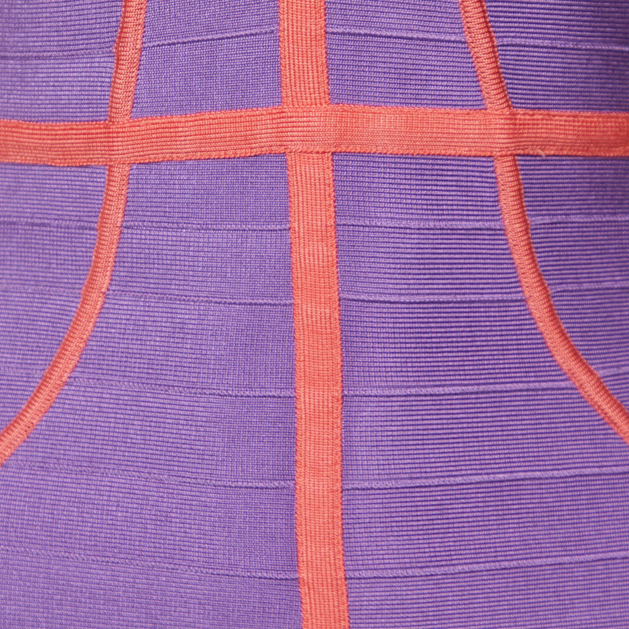 Herve Leger Violet/Coral Knit Sleeveless Bandage Dress XS In Excellent Condition For Sale In Dubai, Al Qouz 2