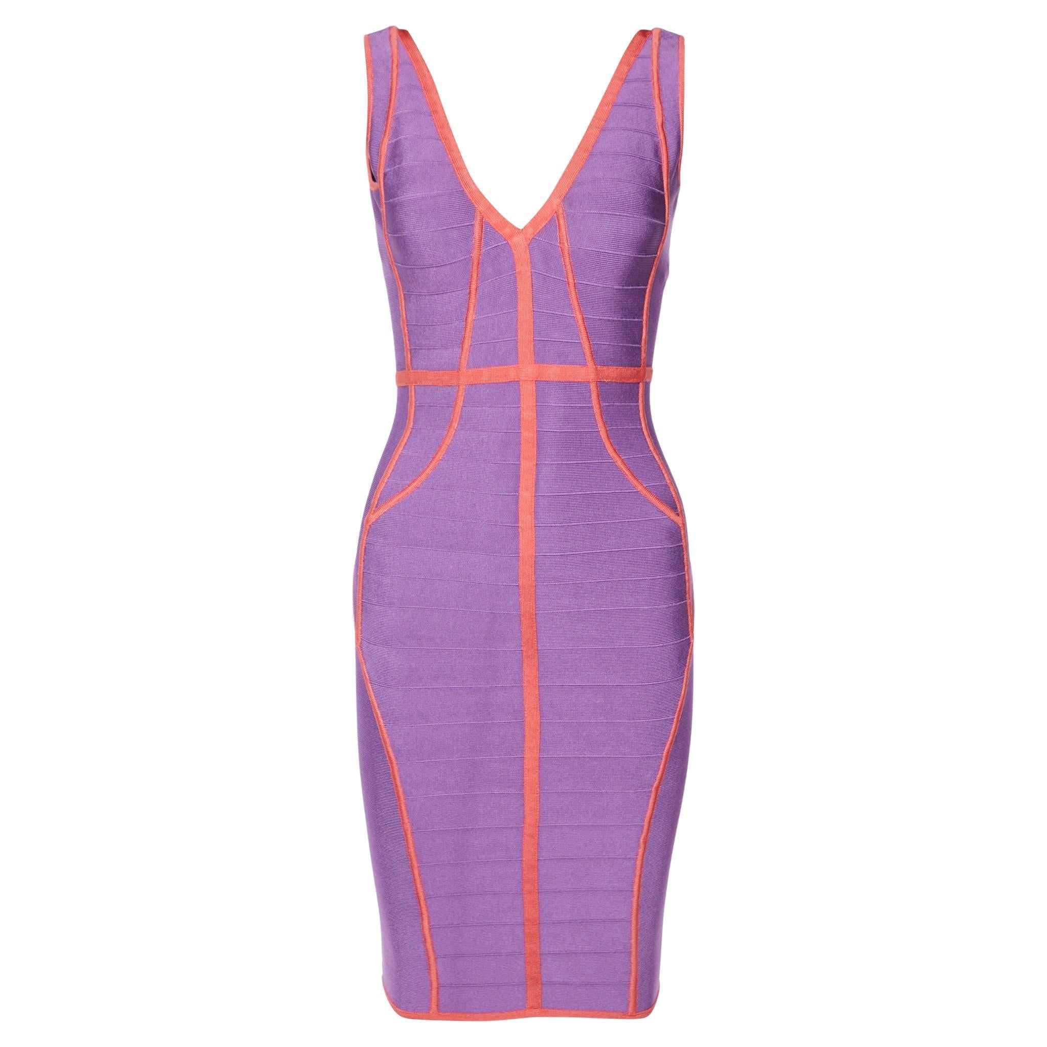 Herve Leger Violett/Koral gestricktes ärmelloses Bandage-Kleid XS im Angebot