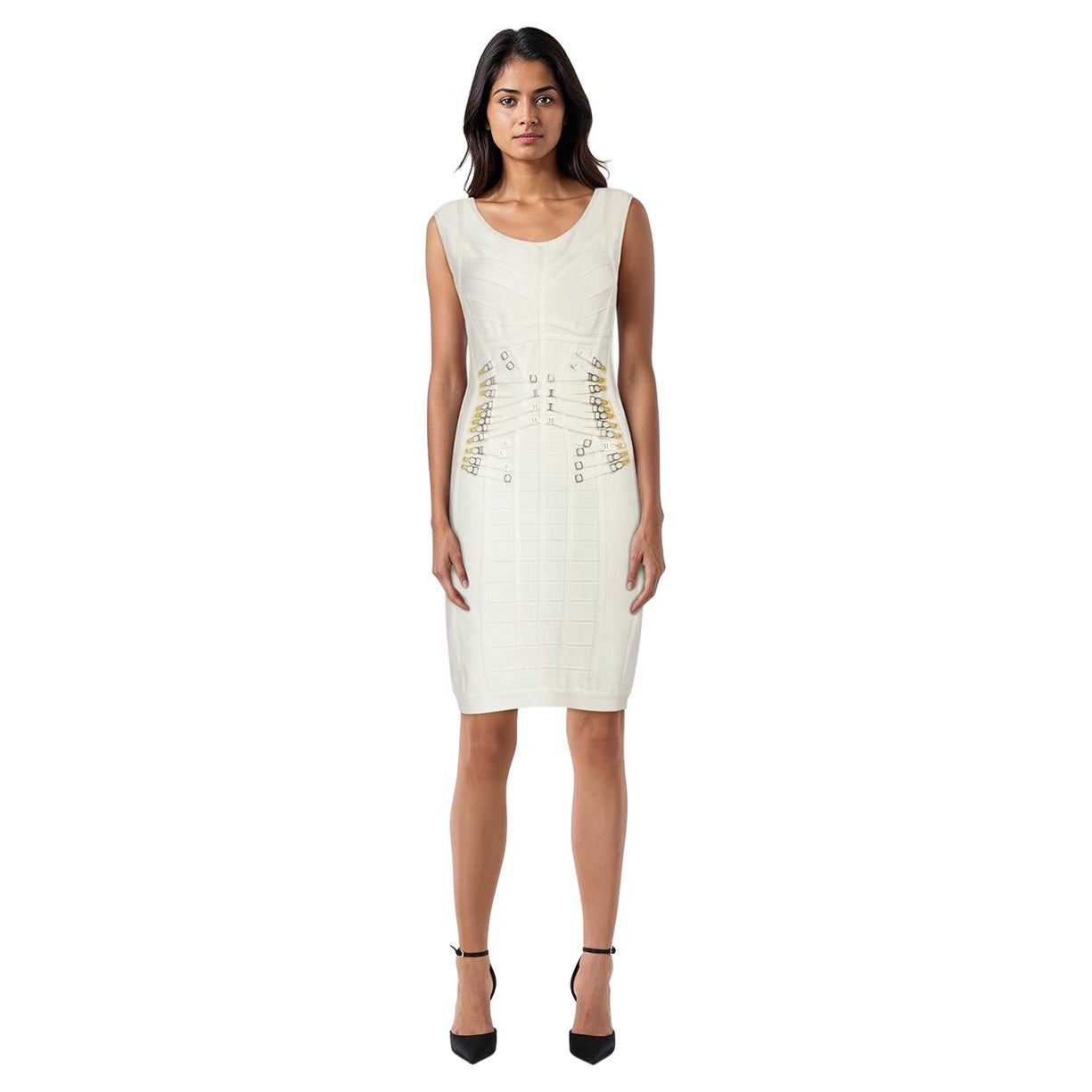 Herve Leger Weißes Kleid mit Taillenband Größe S