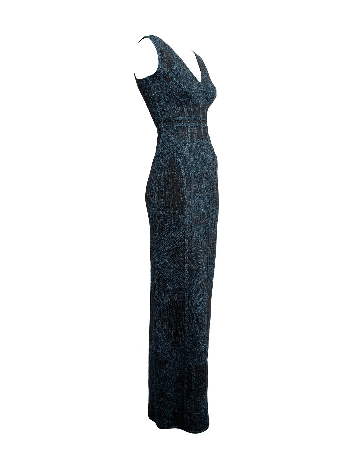 CONDITION is Never worn, with tags. No visible wear to dress is evident on this new Herve Leger designer resale item. Details Blue Metallic thread fabric V- Neckline Maxi Figure hugging Sleeveless Made in China Composition 76% Rayon, 10% nylon Care