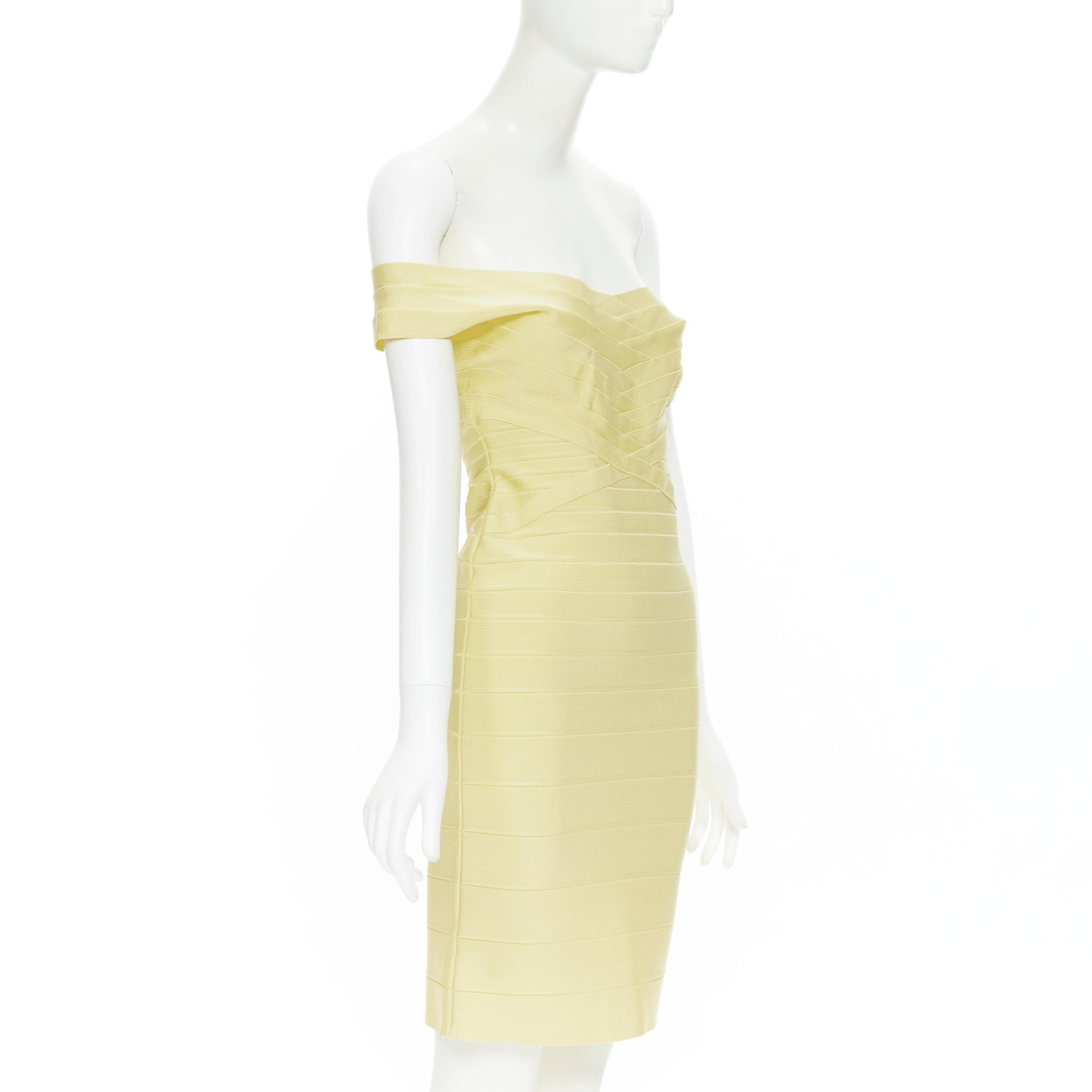 HERVE LEGER yellow off shoulder bodycon bandage fitted dress M 
Reference: CAKK/A00027 
Brand: Herve Leger 
Designer: Max Azria 
Color: Yellow 
Pattern: Solid 
Closure: Zip 
Extra Detail: Off shoulder straps. Zip back closure. Bandage dress. 
Made