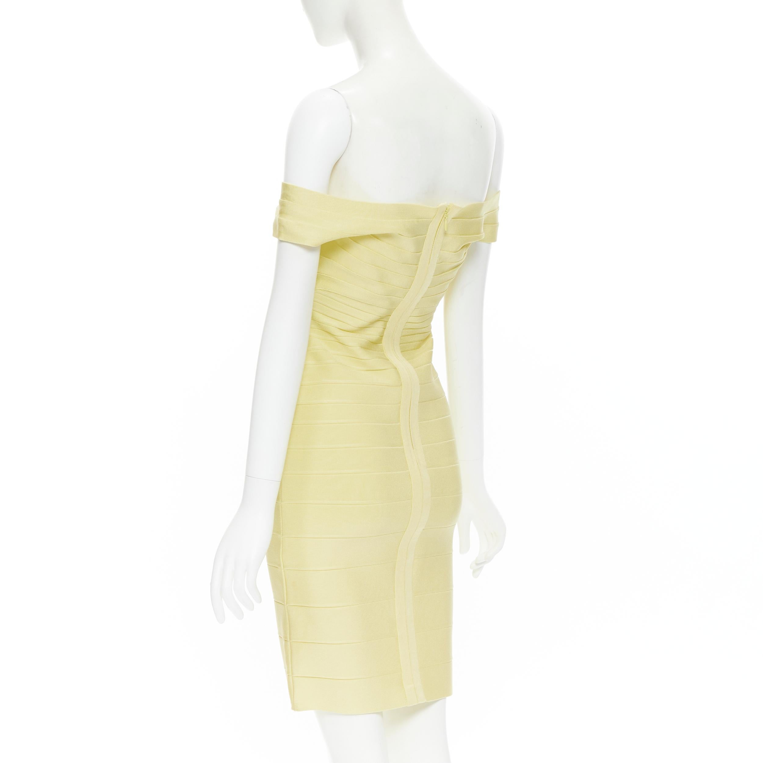 Beige HERVE LEGER yellow off shoulder bodycon bandage fitted dress M