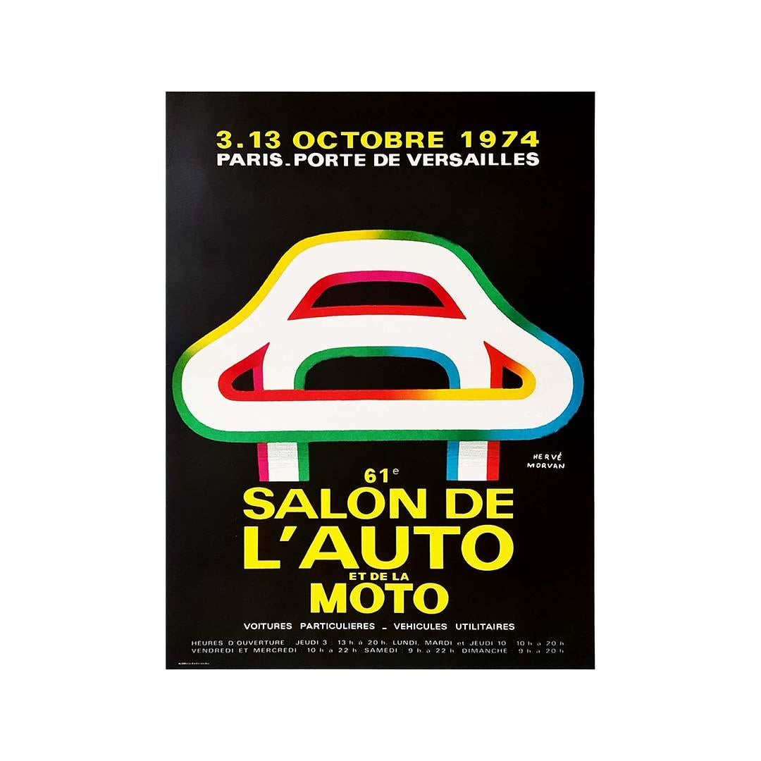 Beautiful poster of exhibition of 1974 par Hervé Morvan for the 61st Car and Motorcycle Show in Paris. Hervé Morvan, born on March 18, 1917 in Plougastel-Daoulas (Finistère), and died on April 1, 1980 in Paris, is a French illustrator and poster
