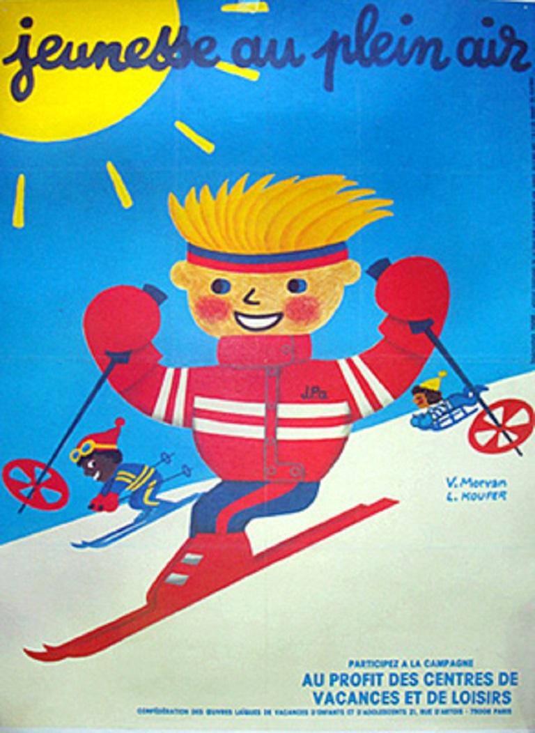Late 20th Century Vintage Poster Original Herve Morvan Jeunesse Au Plein Air Ski French Art  For Sale