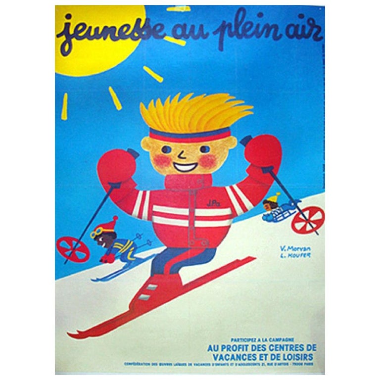 Vintage Poster Original Herve Morvan Jeunesse Au Plein Air Ski French Art  For Sale