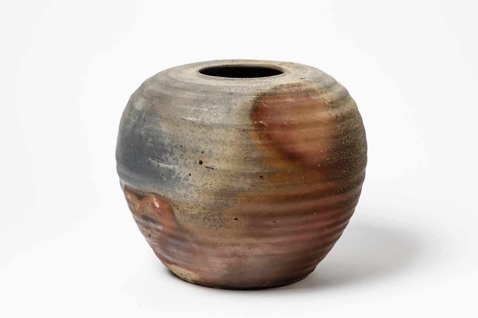 French Hervé Rousseau Boisbelle 20th Century Grey and Brown Stoneware Ceramic Vase 1980 For Sale