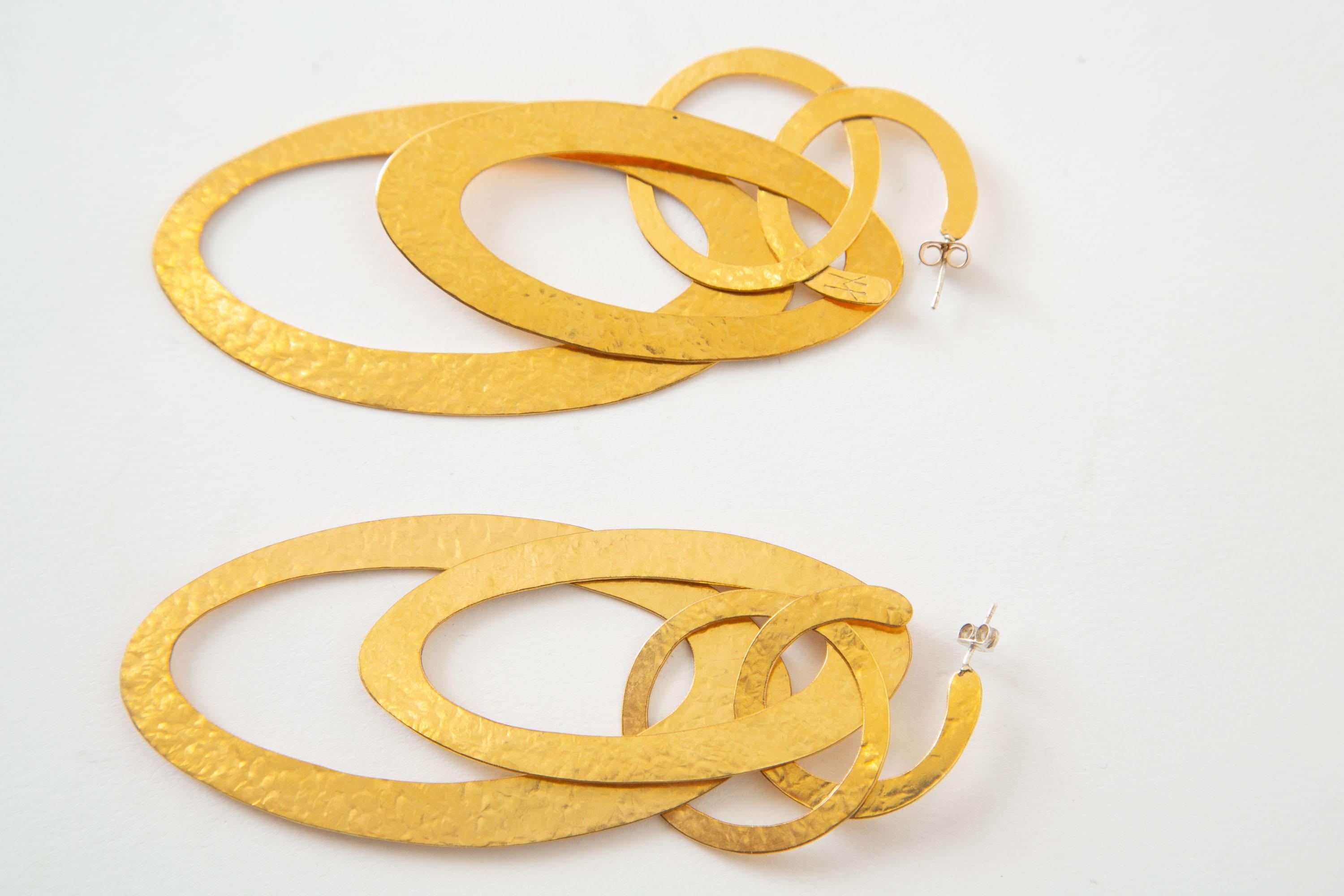 Modern Herve Van der Straeten Gold Plated Concentric Circle Dangle Pierced Earrings