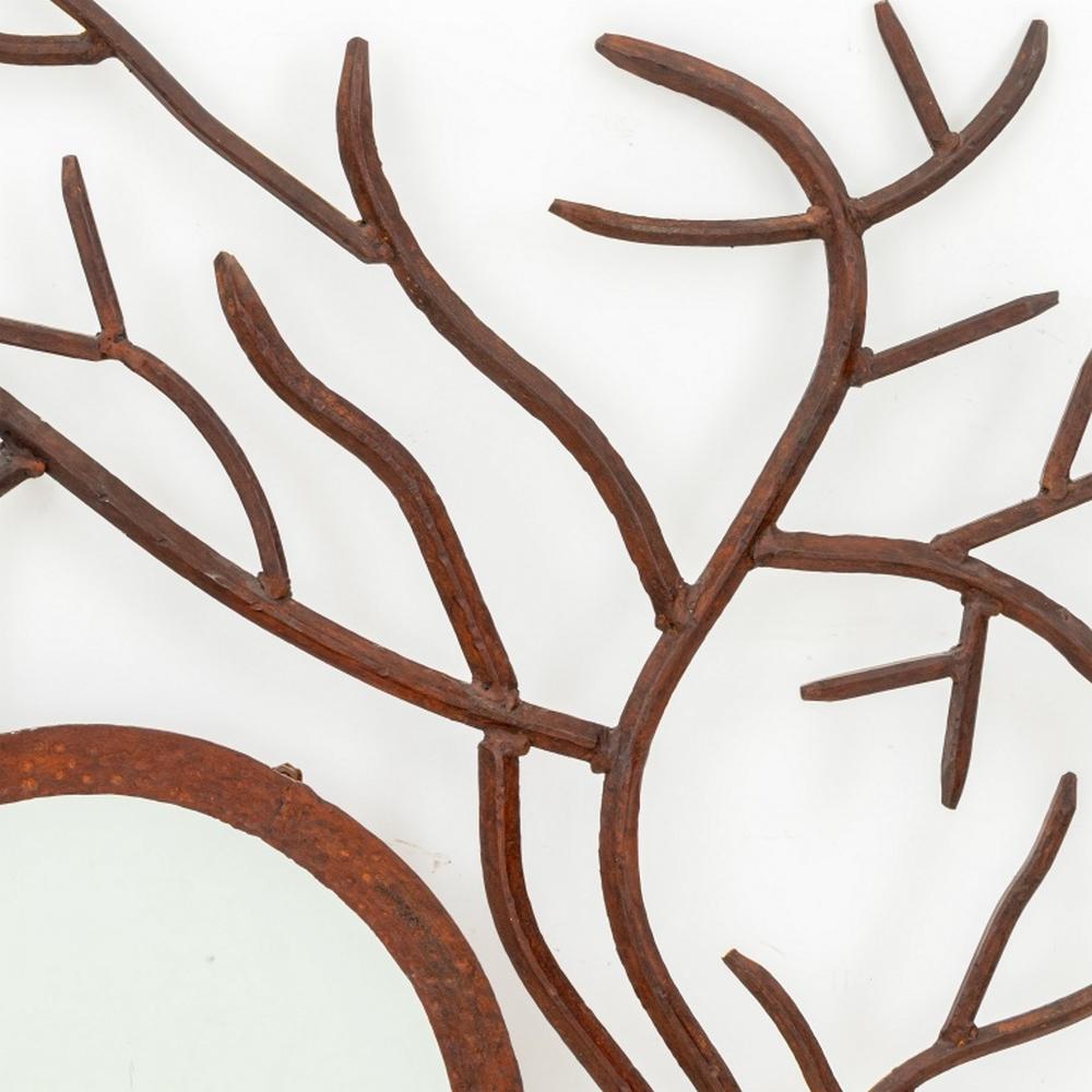 Herve Van Der Straeten Style Wrought Iron Branch Mirror, circular mirror plate within overlapping branches. 53