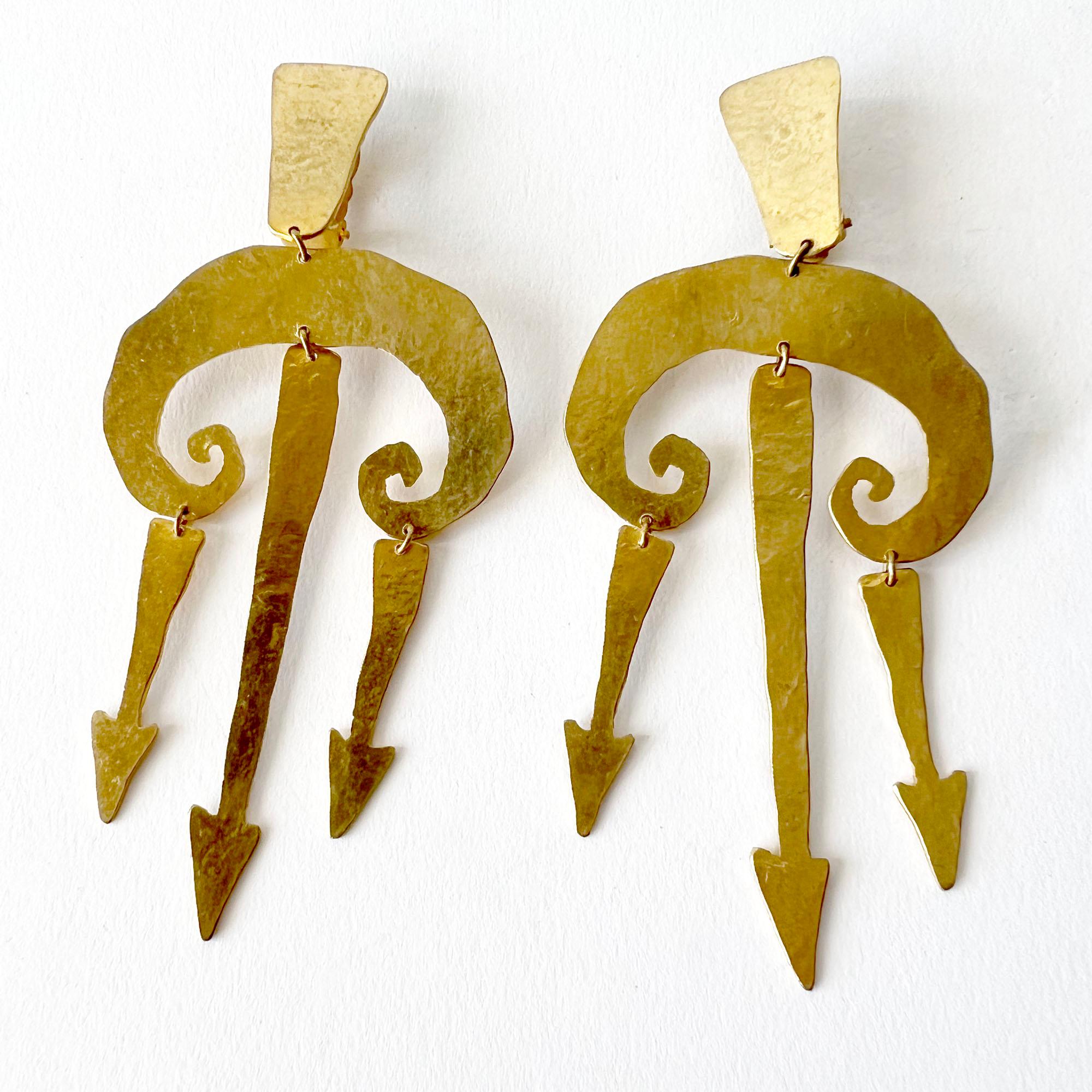 Gold gilt over hammered brass clip on mobile earrings created by French jewelry and decorative arts designer Hervé Van Der Straeten, circa 1990s.  Earrings measure 4.25