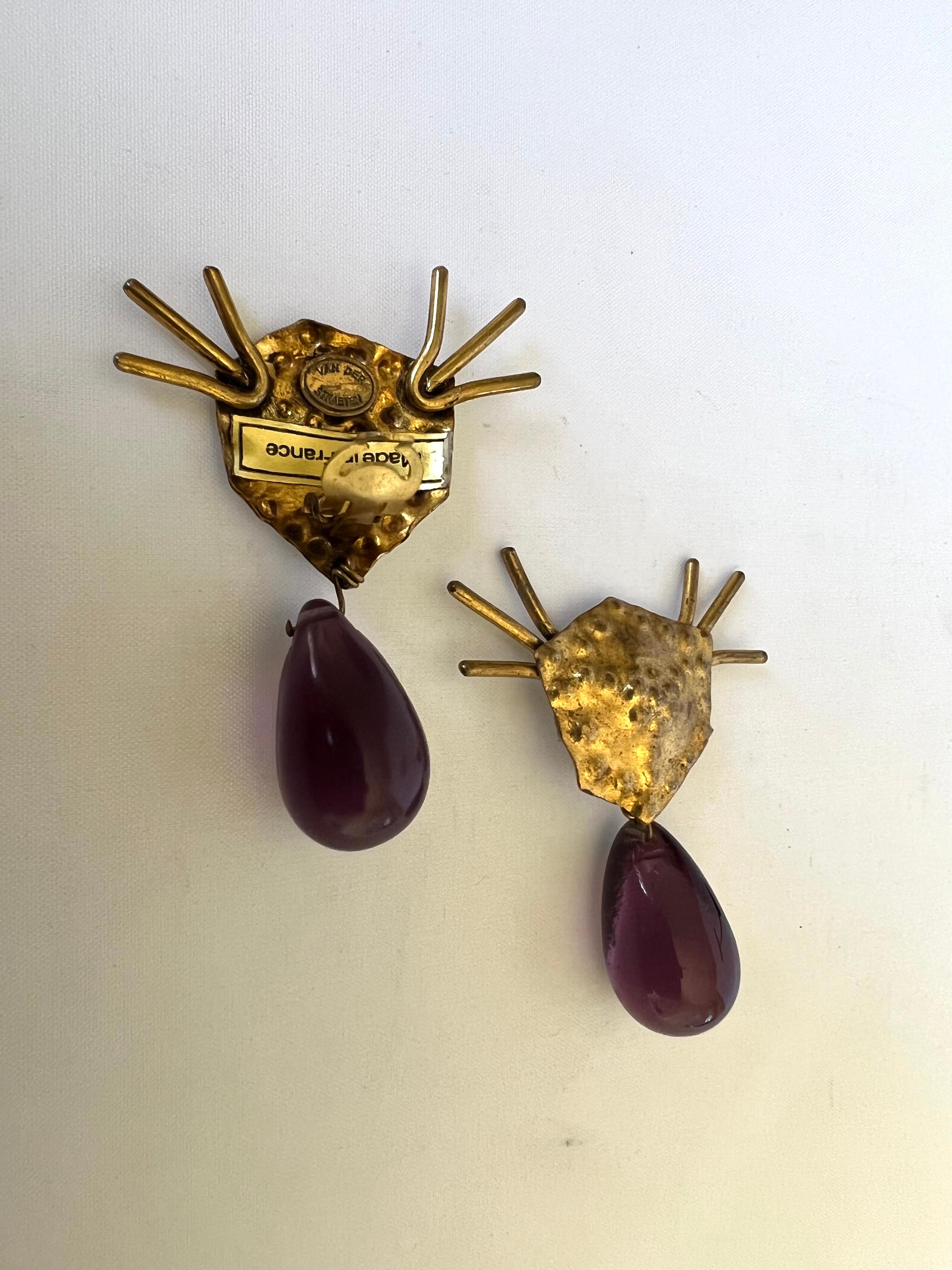 Artisan Herve Van Der Straeten Vintage Hammered Gilt Purple Glass Earrings  For Sale