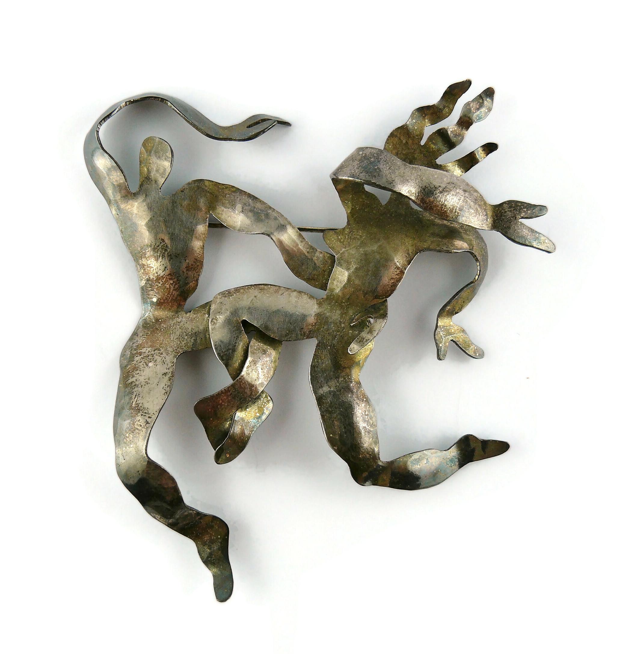 Herve Van Der Straeten Vintage Massive Hammered Silver Toned Dancers Brooch For Sale 2