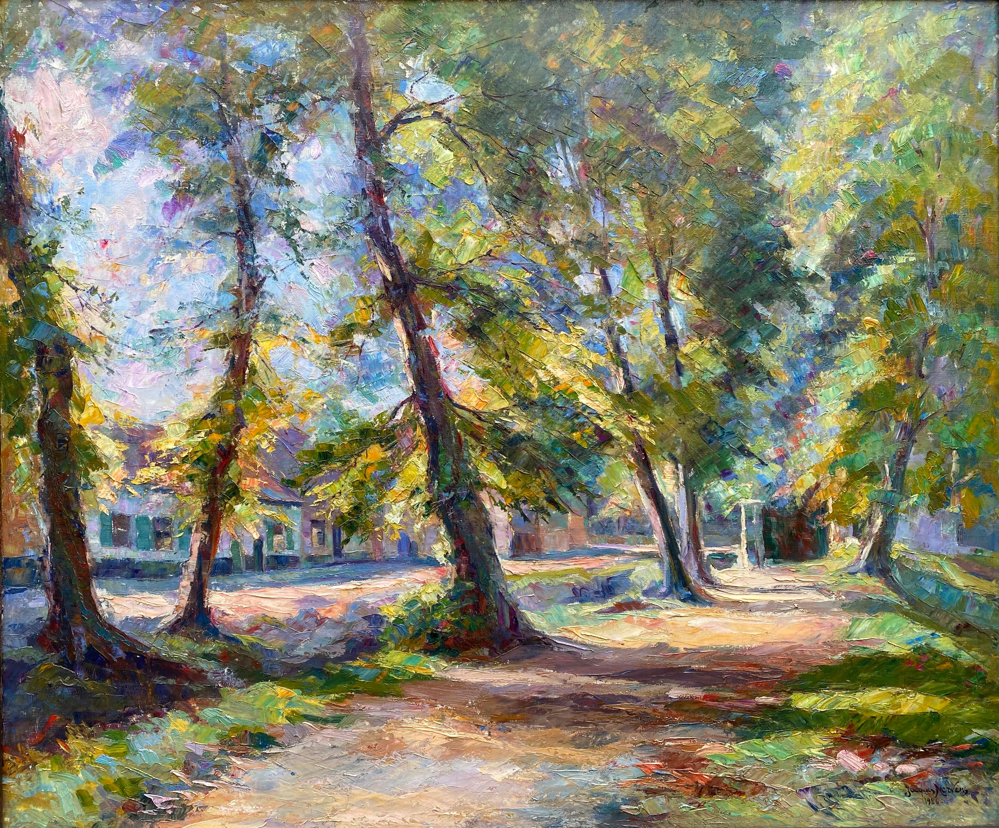 La promenade dans le village de Lissewege, Jacques Hervens, 1890 - 1928, Signé - Painting de Hervens Jacques