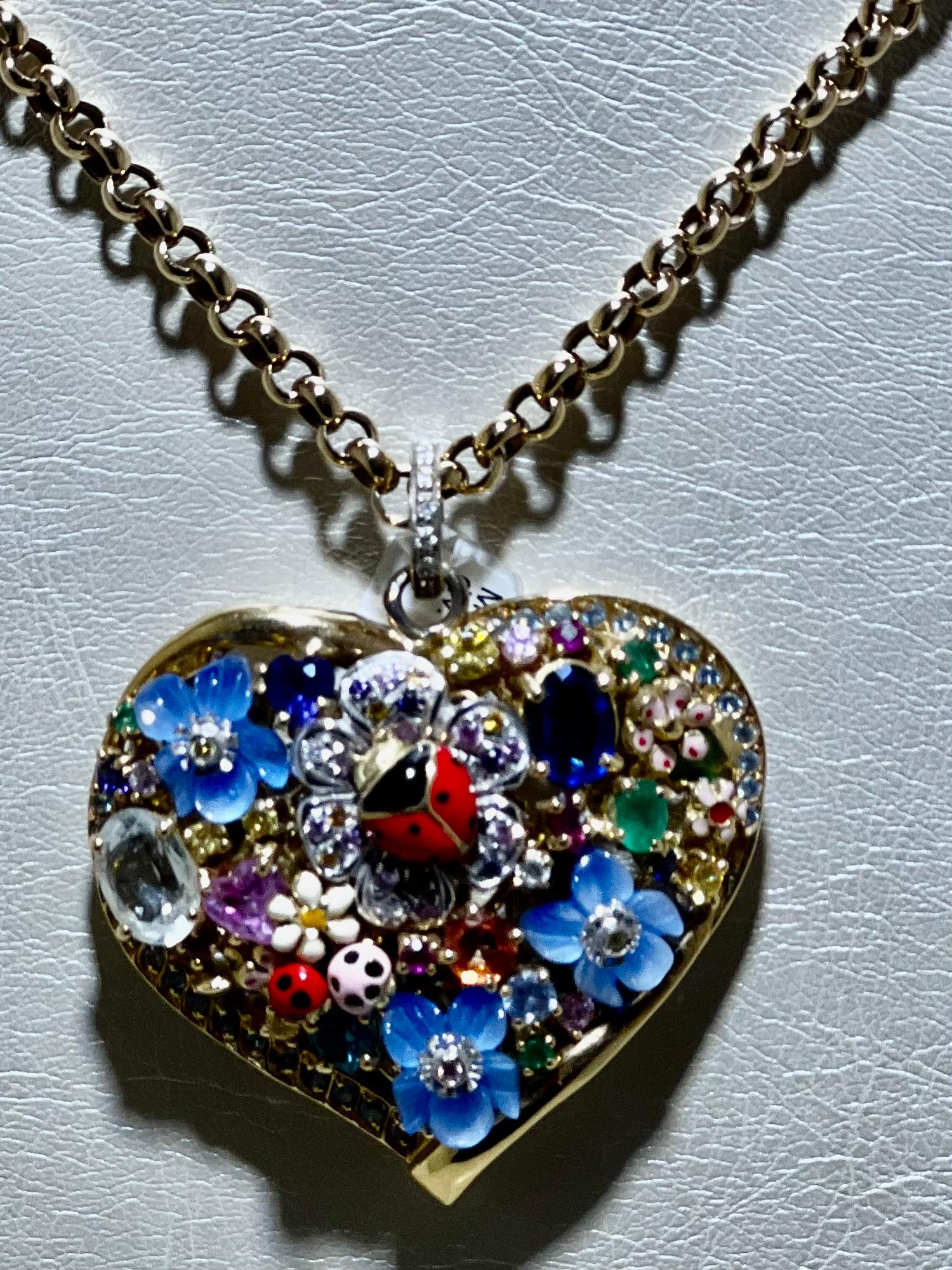 Arts and Crafts Herz aus 18kt Gold mit Diamanten Saphir Smaragd Turmalin Chalcedon Emaile