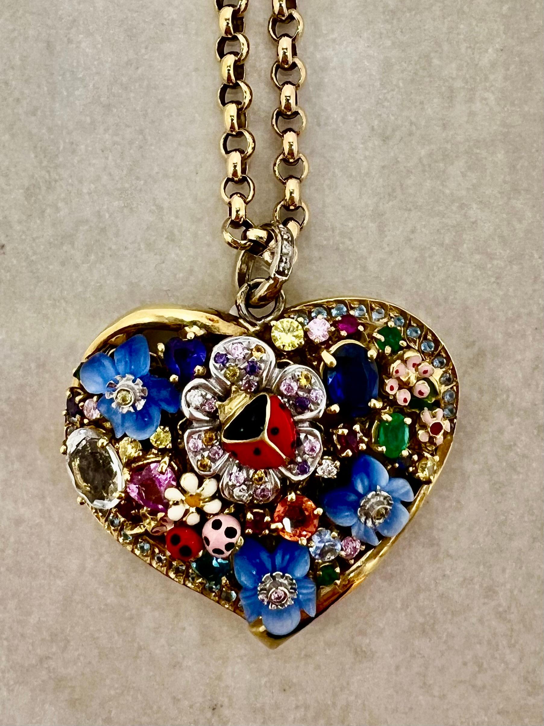 Brilliant Cut Herz aus 18kt Gold mit Diamanten Saphir Smaragd Turmalin Chalcedon Emaile