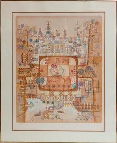 "Village Hamlet" Litografia a colori su carta delle case della piazza del villaggio costiero