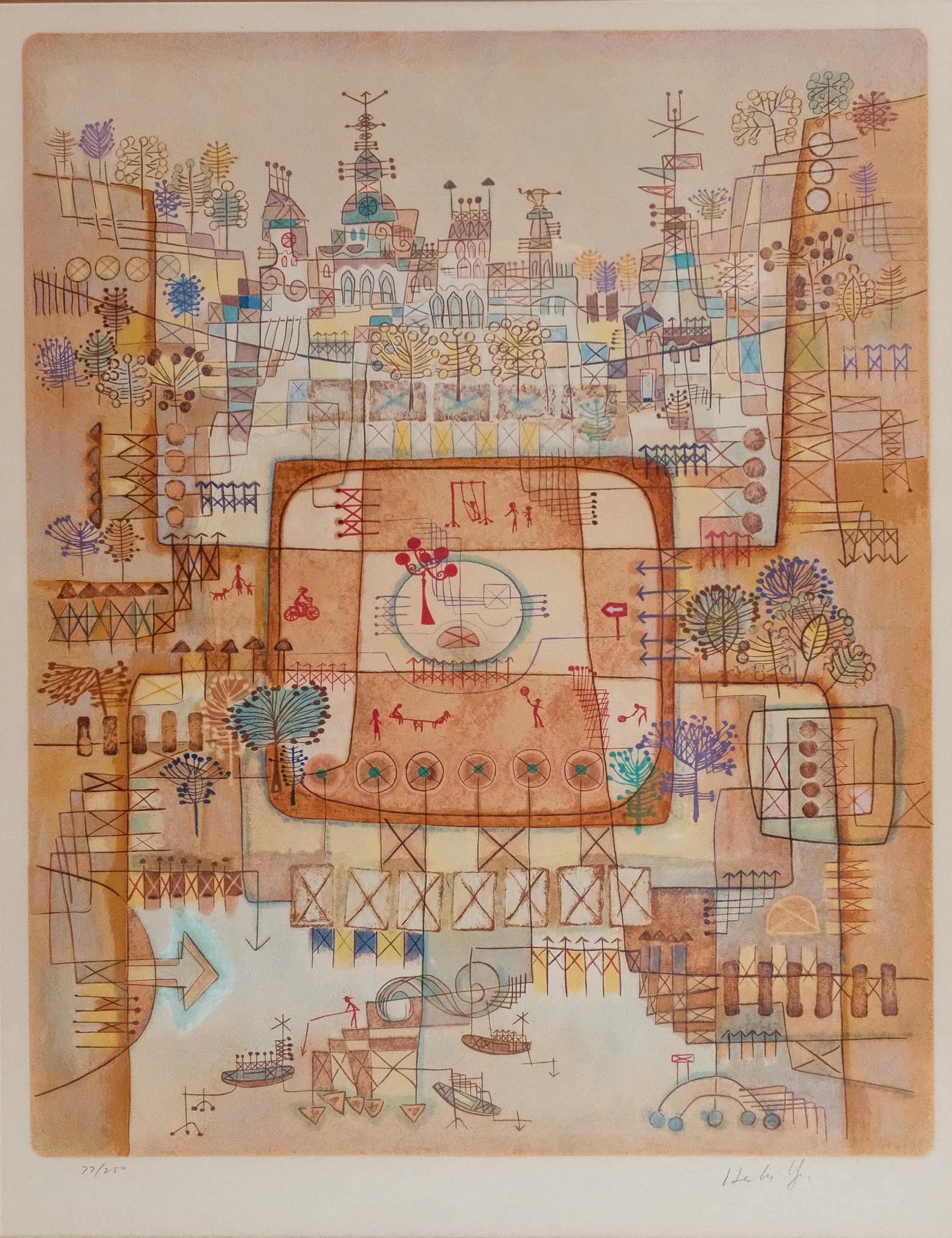 "Aldea Hamlet" Litografía en color sobre papel de casas de la plaza de un pueblo costero