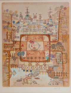 "Village Hamlet" Litografia a colori su carta delle case della piazza del villaggio costiero
