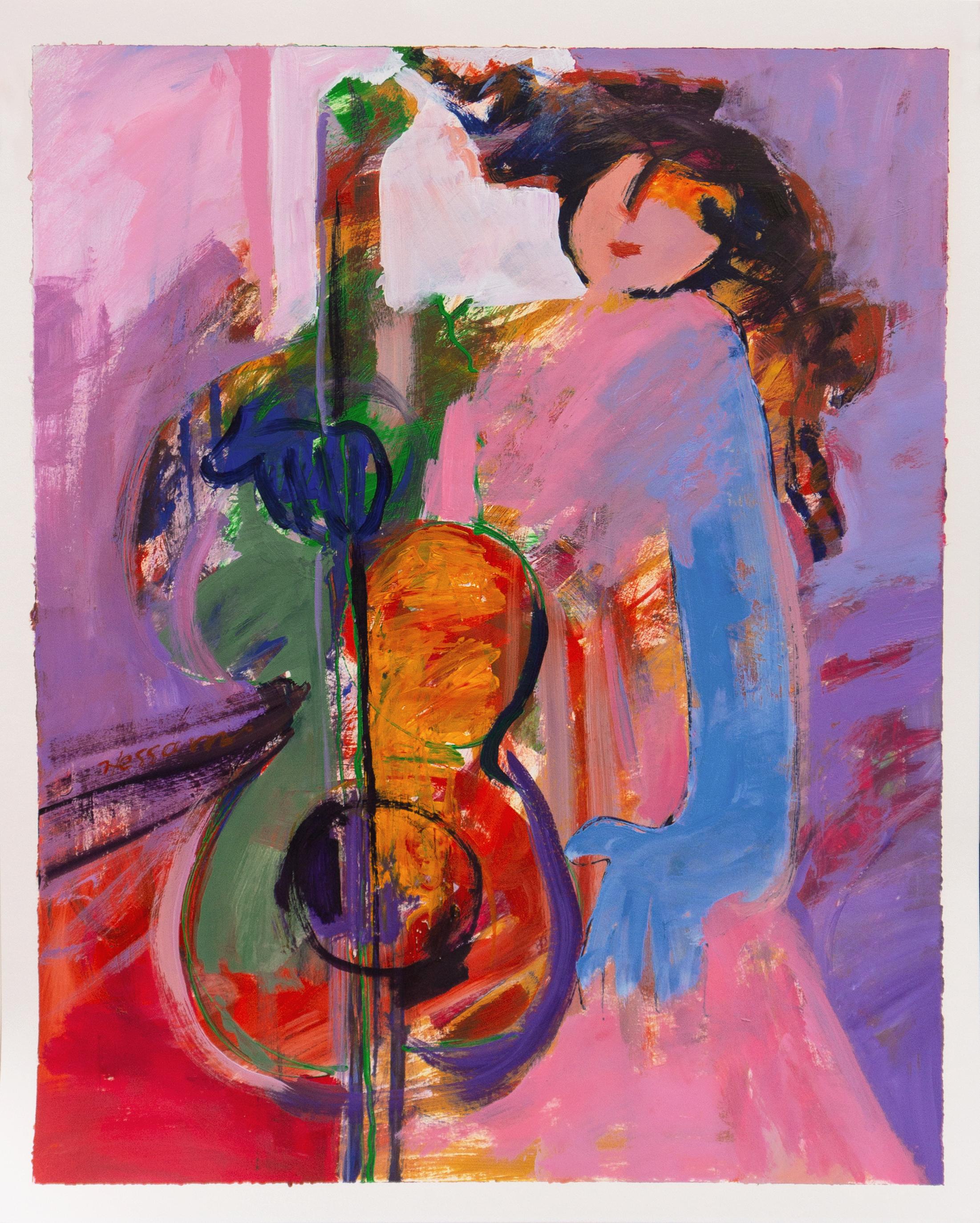 'Woman with Cello', Iran, Accademia di Belle Arti di Perugia, Miami - Post-Impressionist Painting by Hessam Abrishami