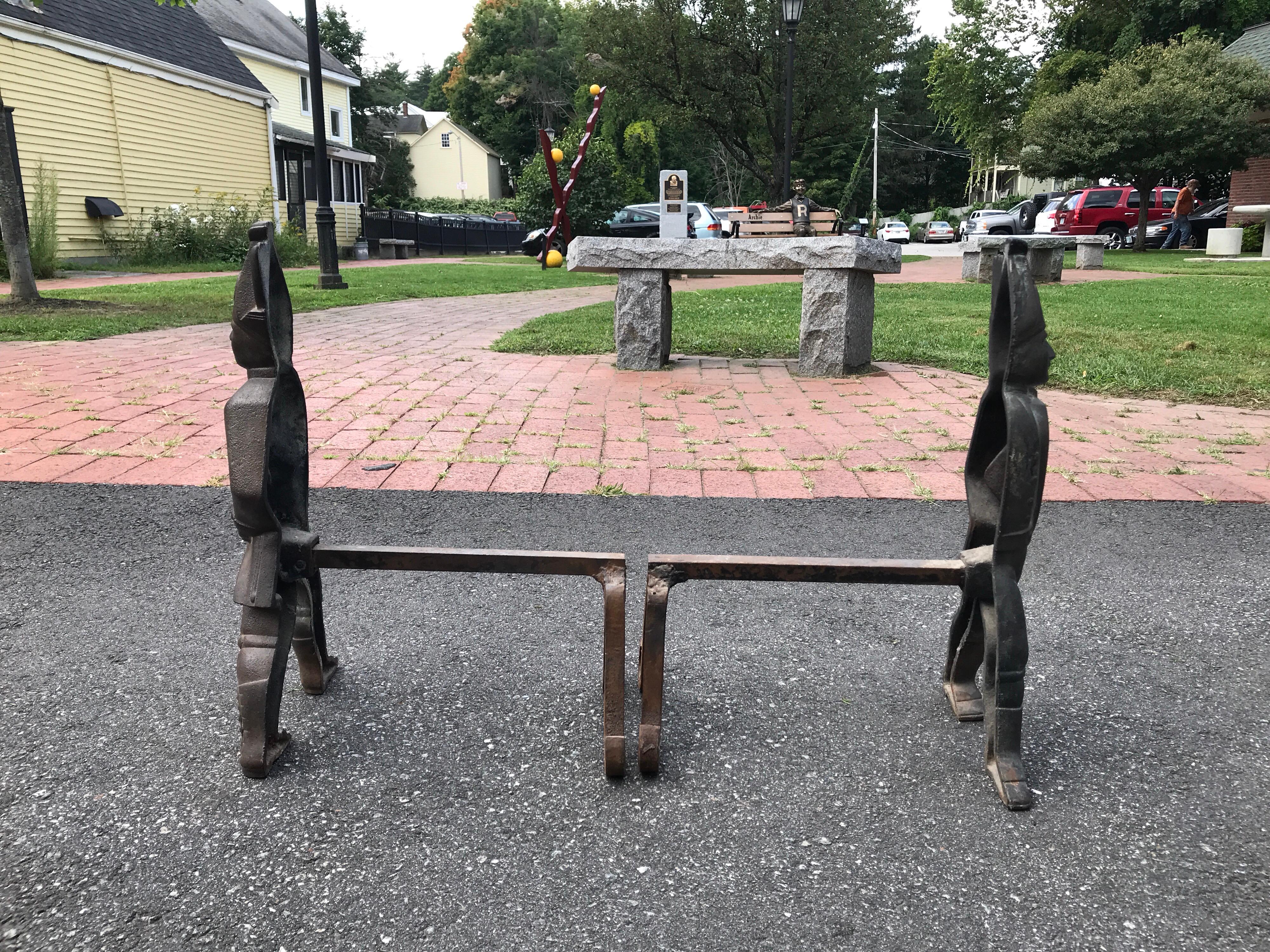 Hessian soldier andirons, circa 1890. Provenance: New Hampshire Estate. 20” H x 9” W x 16” D. Hessians were German soldiers who served as auxiliaries to the British Army during the American Revolutionary War.