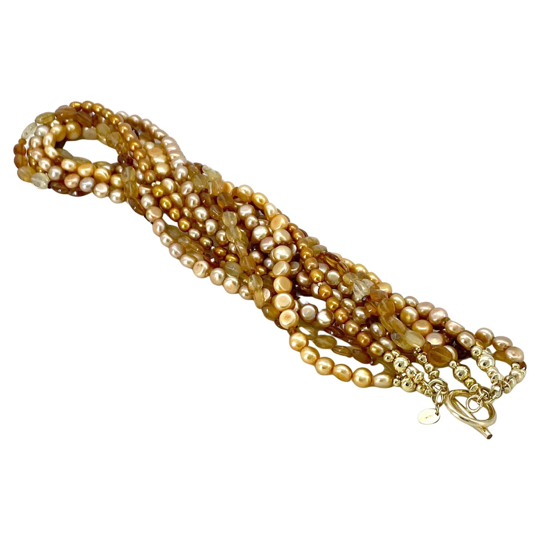 Perle Collier multi-brins en hessonite et perles fourrées or en vente