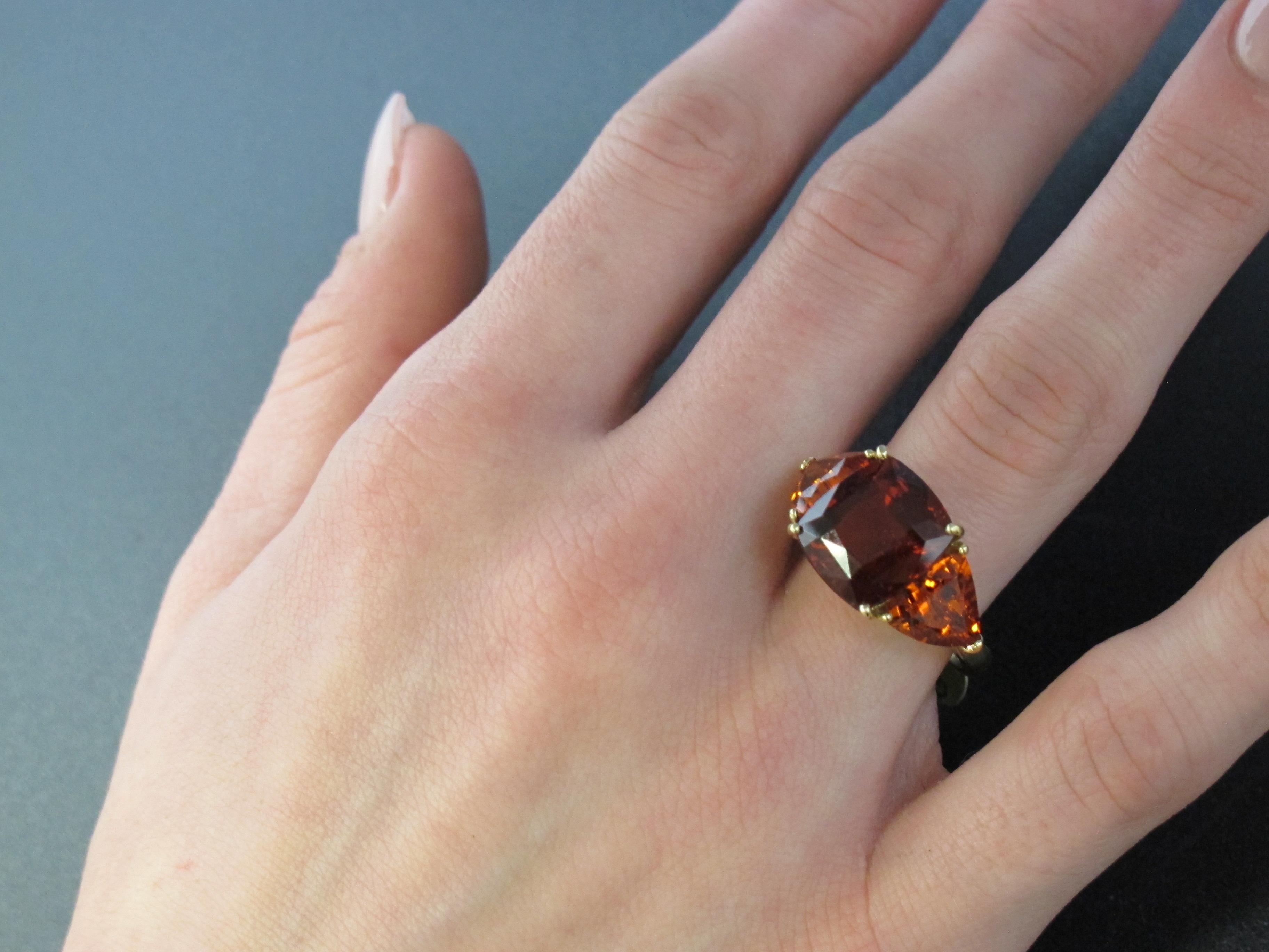 Artisan Hessonite and Spessartite Garnet, Yellow Gold 3-Stone Cocktail Ring