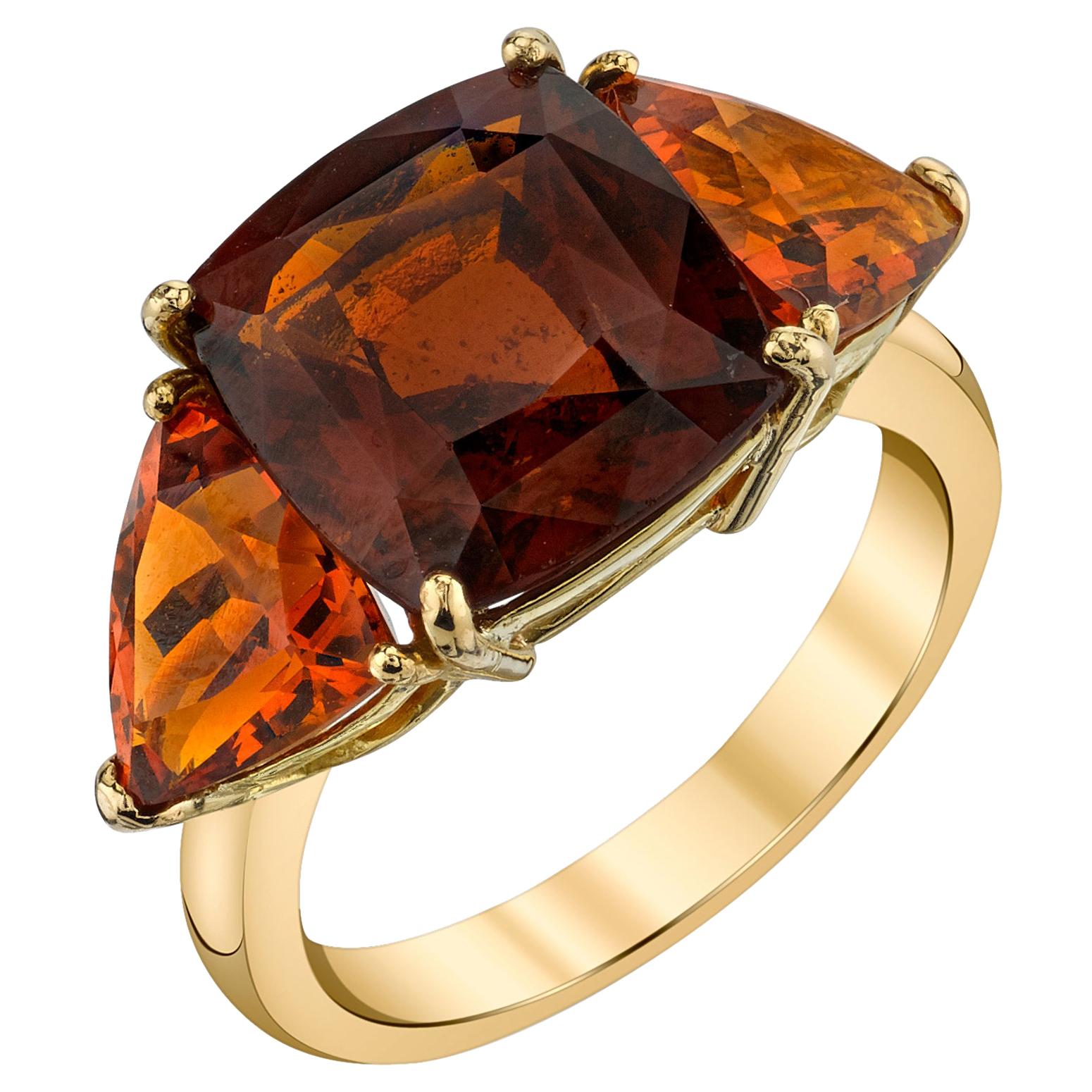 Hessonite and Spessartite Garnet, Yellow Gold 3-Stone Cocktail Ring