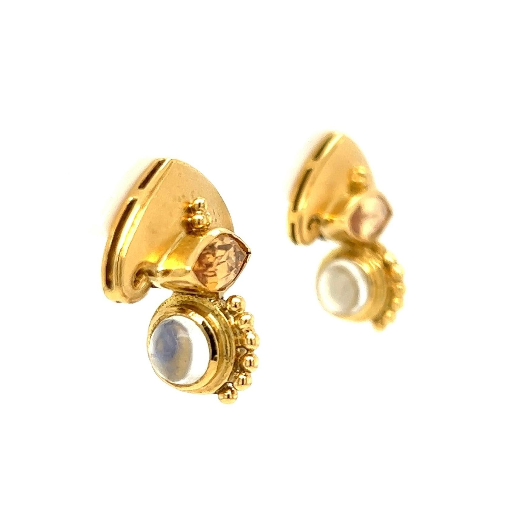 Modern Hessonite Garnet and Moonstone Designer Paula Crevoshay Gold Earrings For Sale