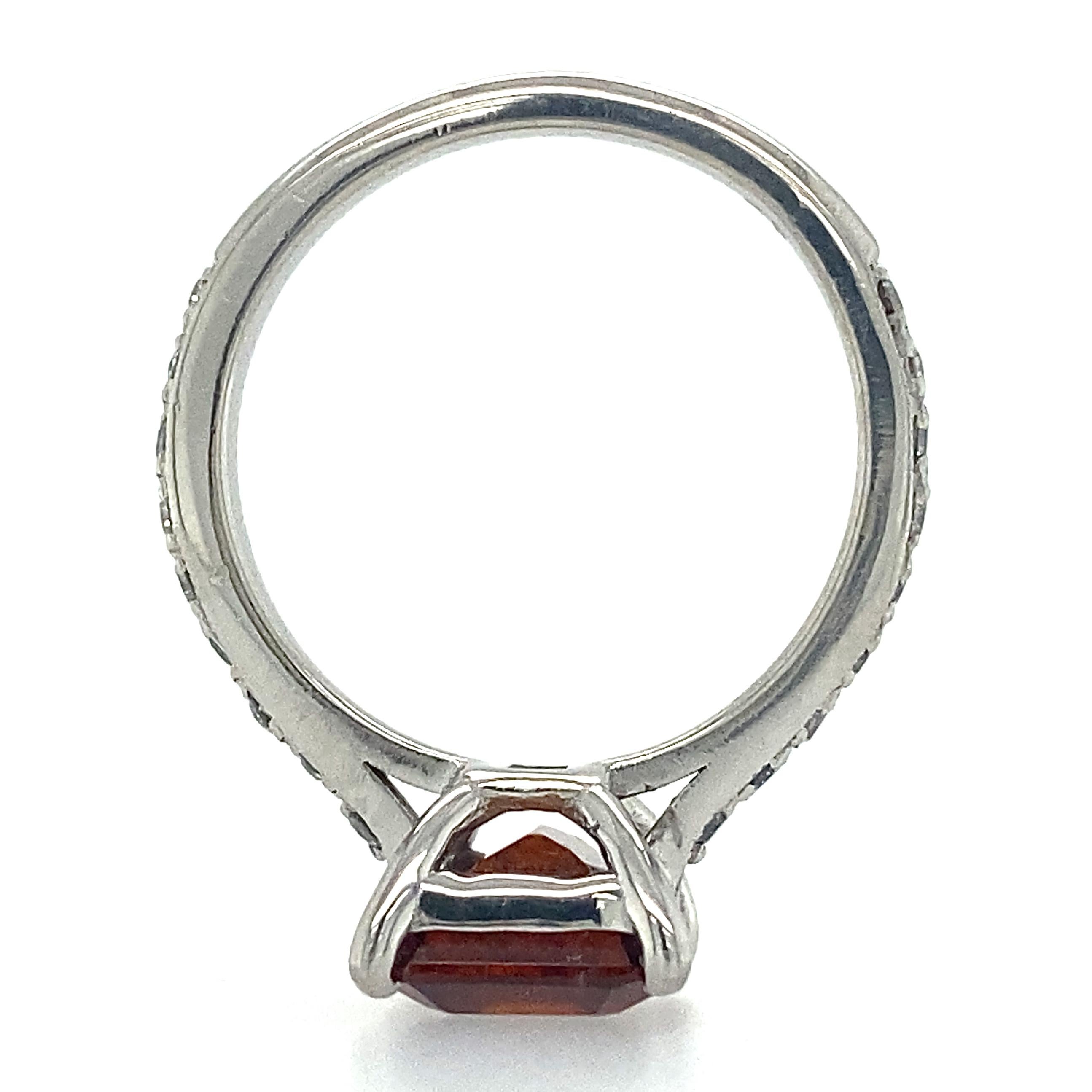 Hessonite Garnet in Platinum Solitaire Ring with Pavé Diamond Shoulders 4
