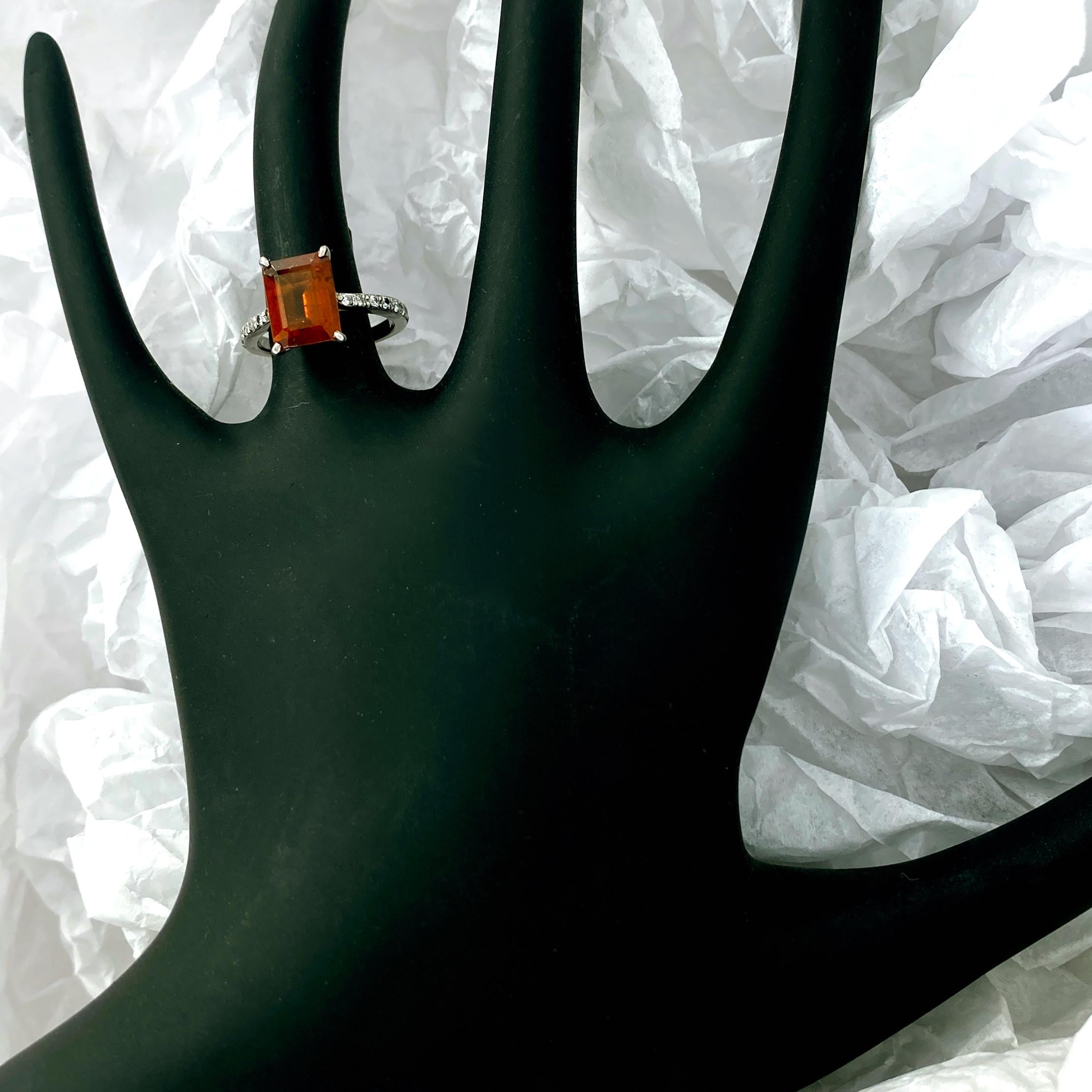 Contemporary Hessonite Garnet in Platinum Solitaire Ring with Pavé Diamond Shoulders
