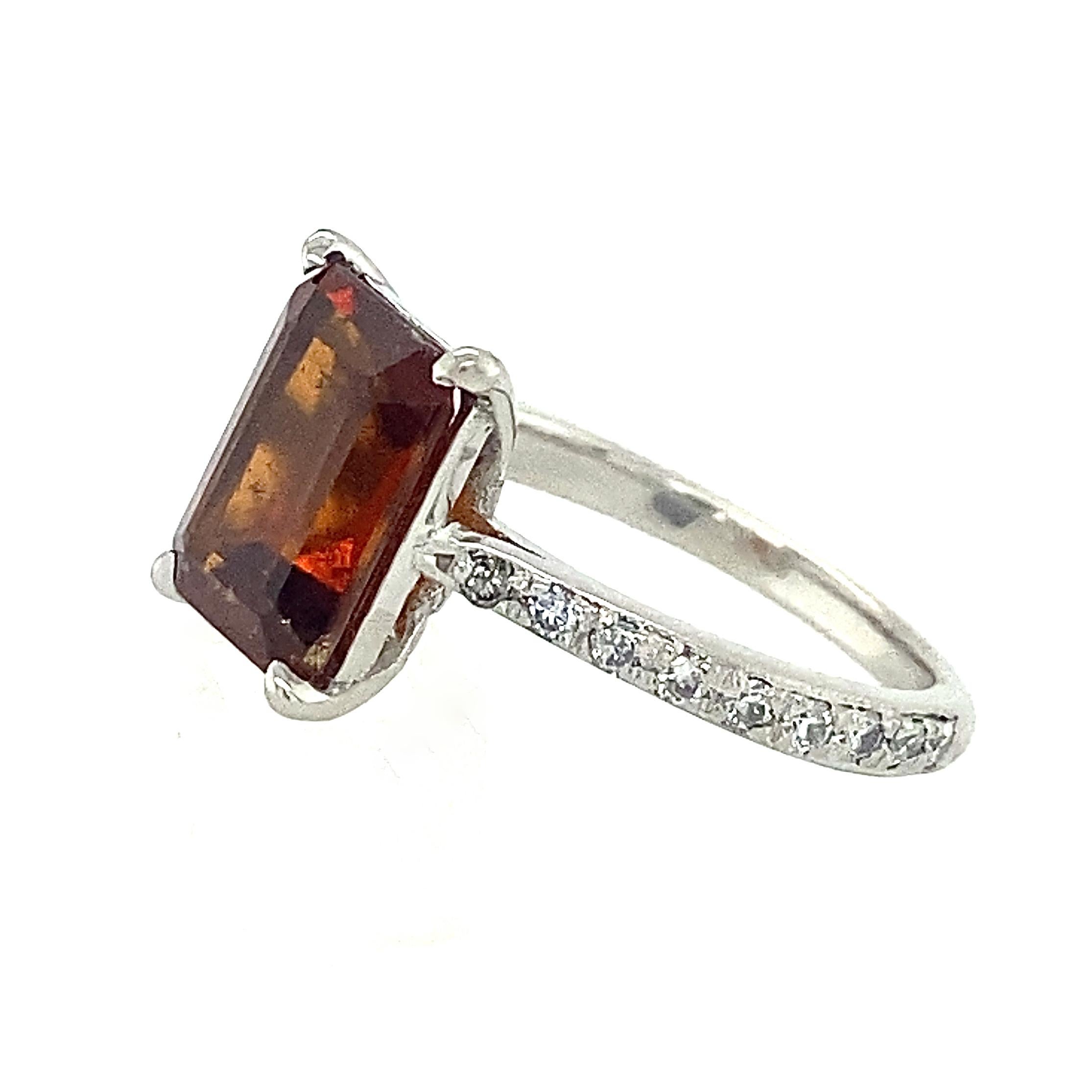 Emerald Cut Hessonite Garnet in Platinum Solitaire Ring with Pavé Diamond Shoulders