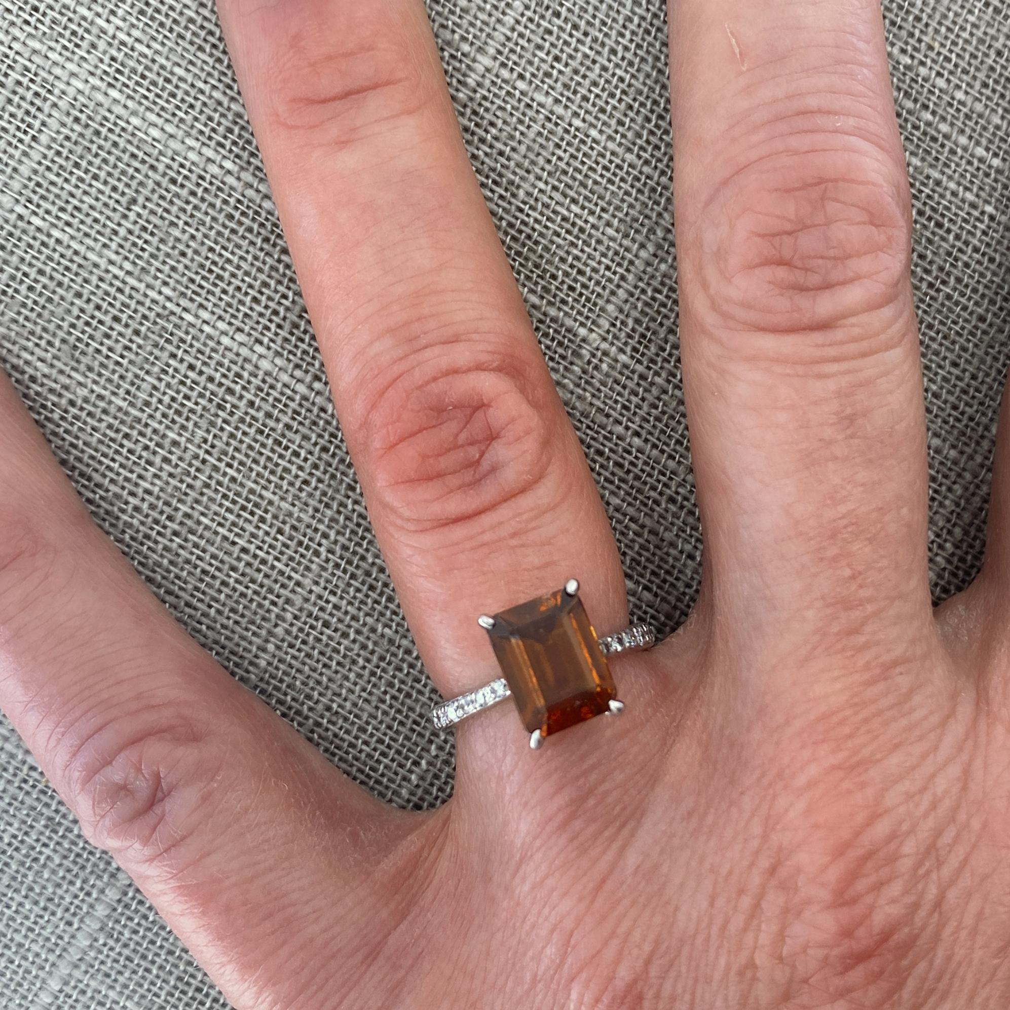 Hessonite Garnet in Platinum Solitaire Ring with Pavé Diamond Shoulders 1