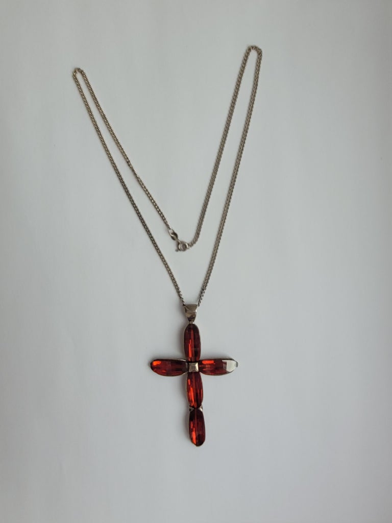 Hessonite Garnet Sterling Silver Cross Pendant Necklace For Sale at 1stDibs