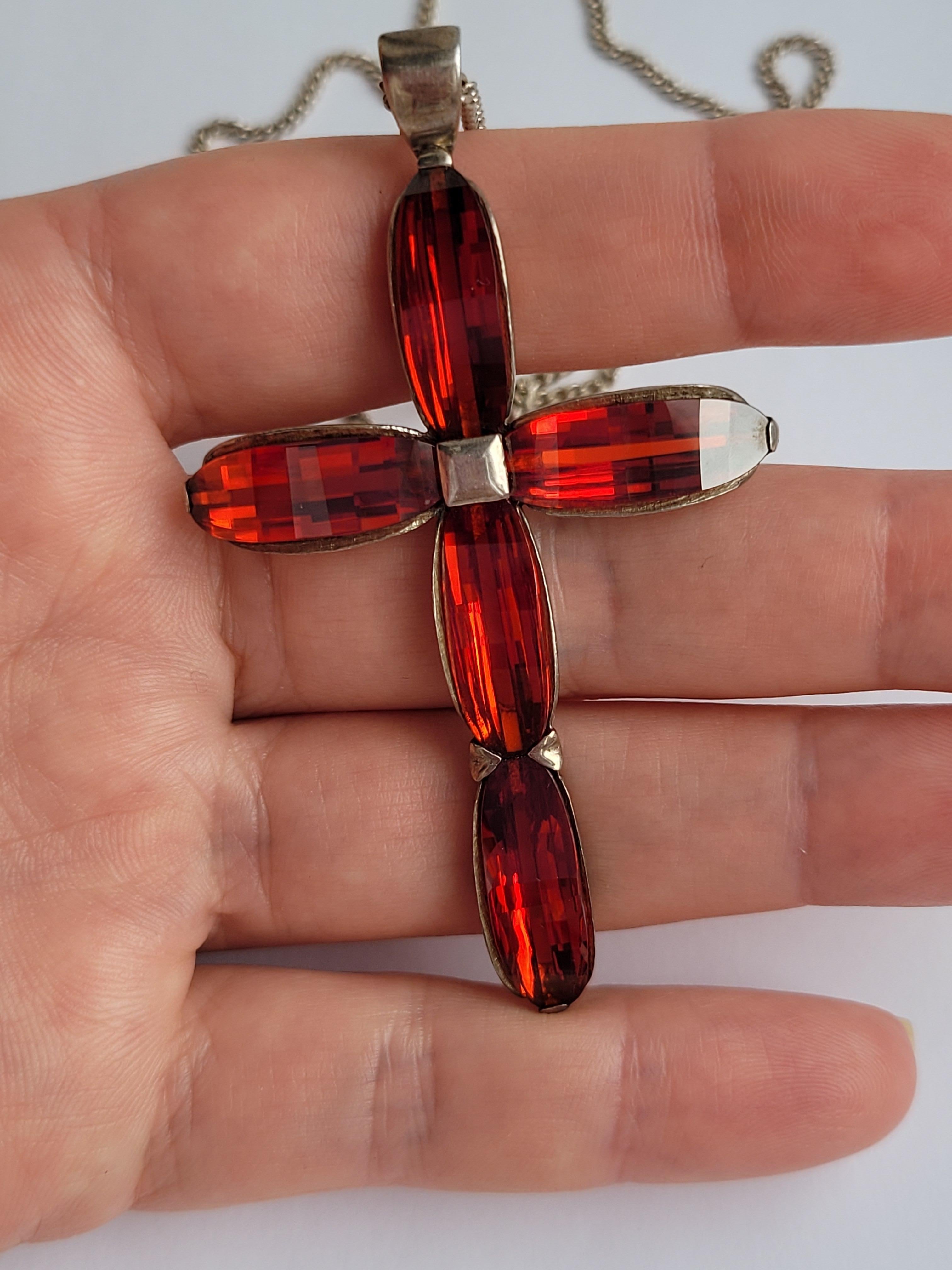 Mixed Cut Hessonite Garnet Sterling Silver Cross Pendant Necklace