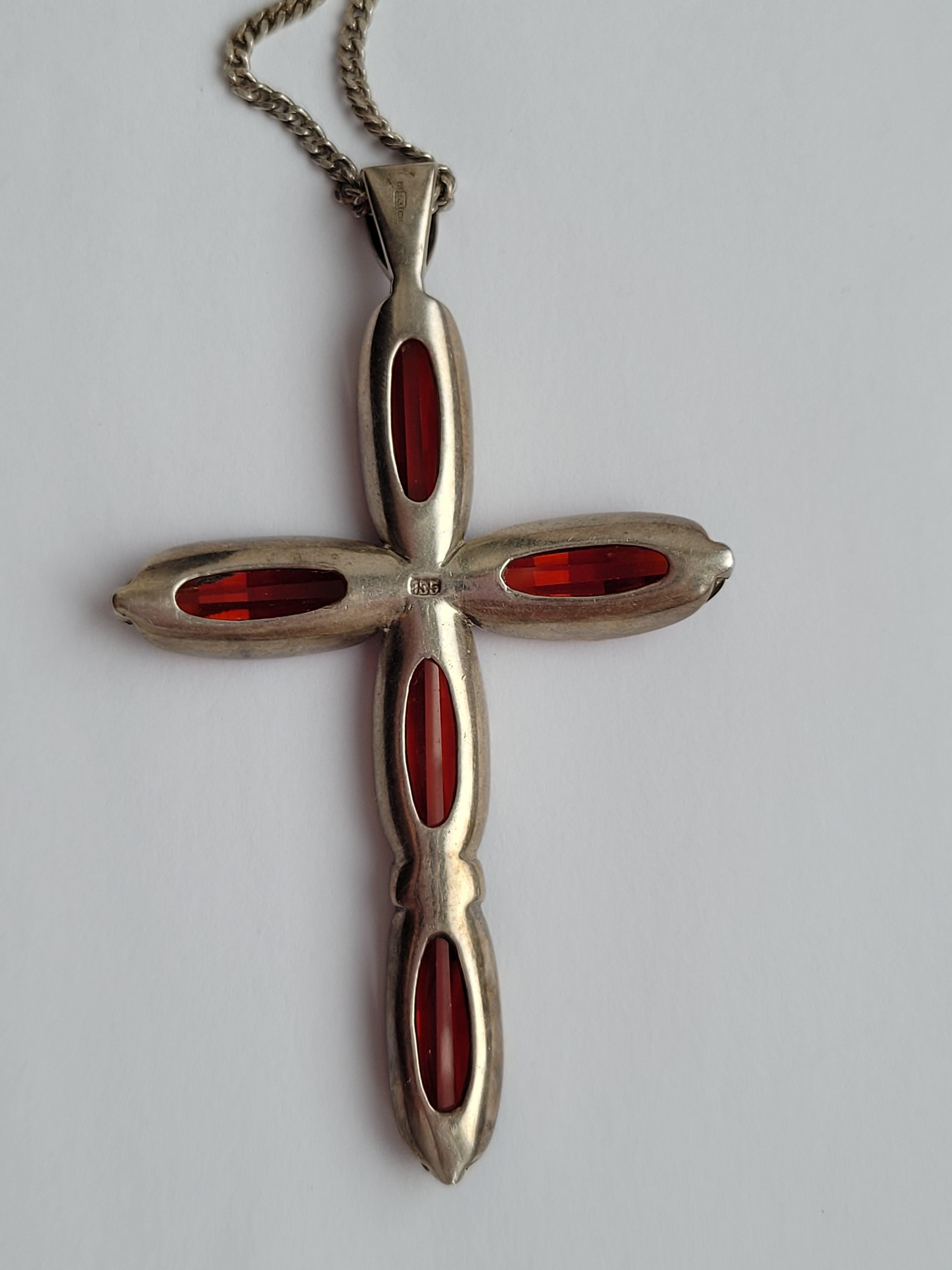 Hessonite Garnet Sterling Silver Cross Pendant Necklace In Good Condition In Boston, Lincolnshire