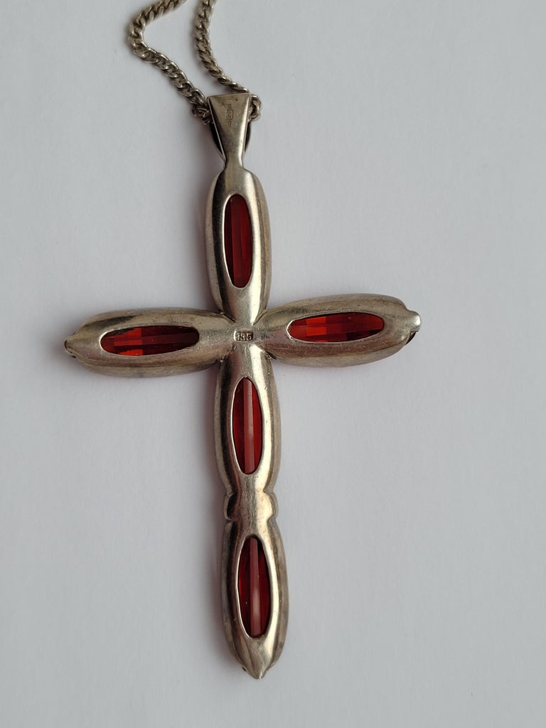 Hessonite Garnet Sterling Silver Cross Pendant Necklace For Sale at 1stDibs
