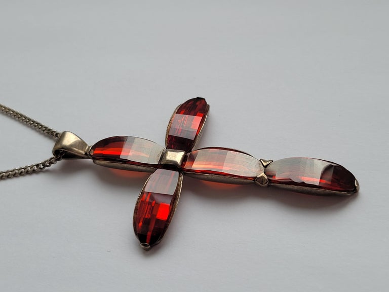 Hessonite Garnet Sterling Silver Cross Pendant Necklace For Sale at 1stDibs