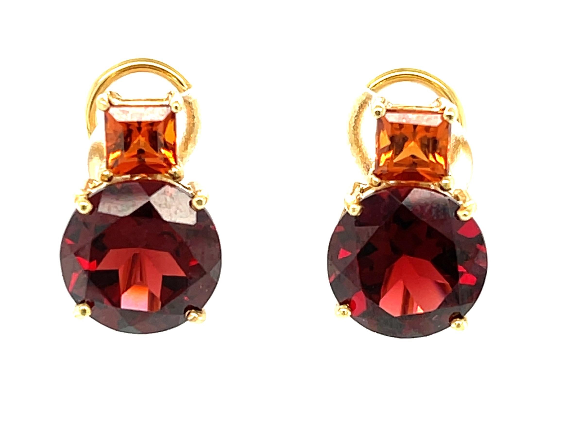 These striking earrings showcase two different varieties of garnets in our signature color block design. This simple yet bold design combines princess-cut hessonite garnets with round almandine garnets in a color pairing that is both versatile and