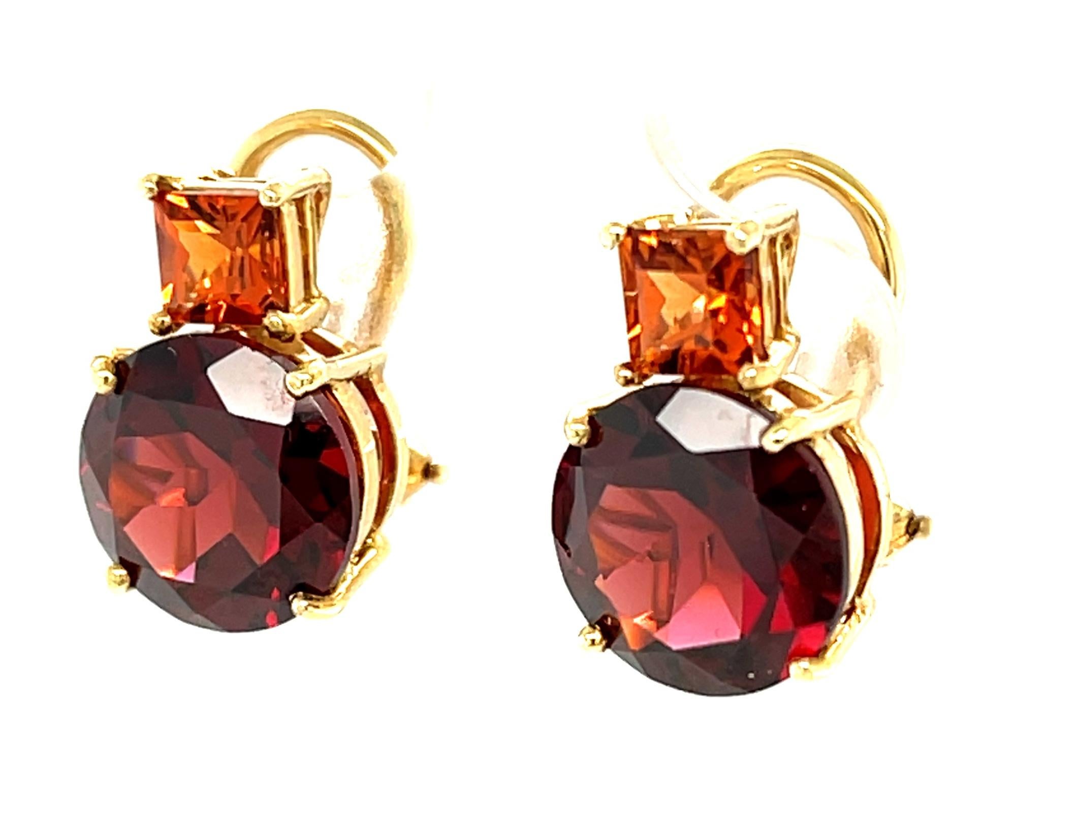 Round Cut Hessonite and Almandite Garnet Earrings in 18K Yellow Gold, 9.44 Carats Total For Sale