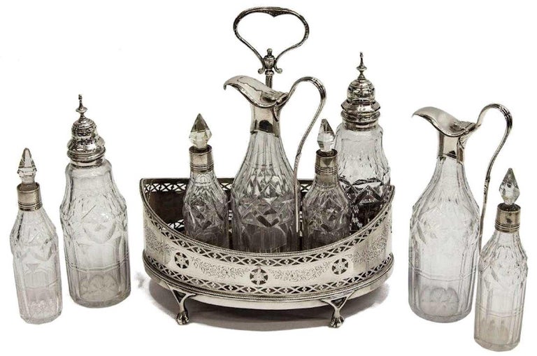 Hester Bateman Sterling Silver Crystal Cruet Set Antique For