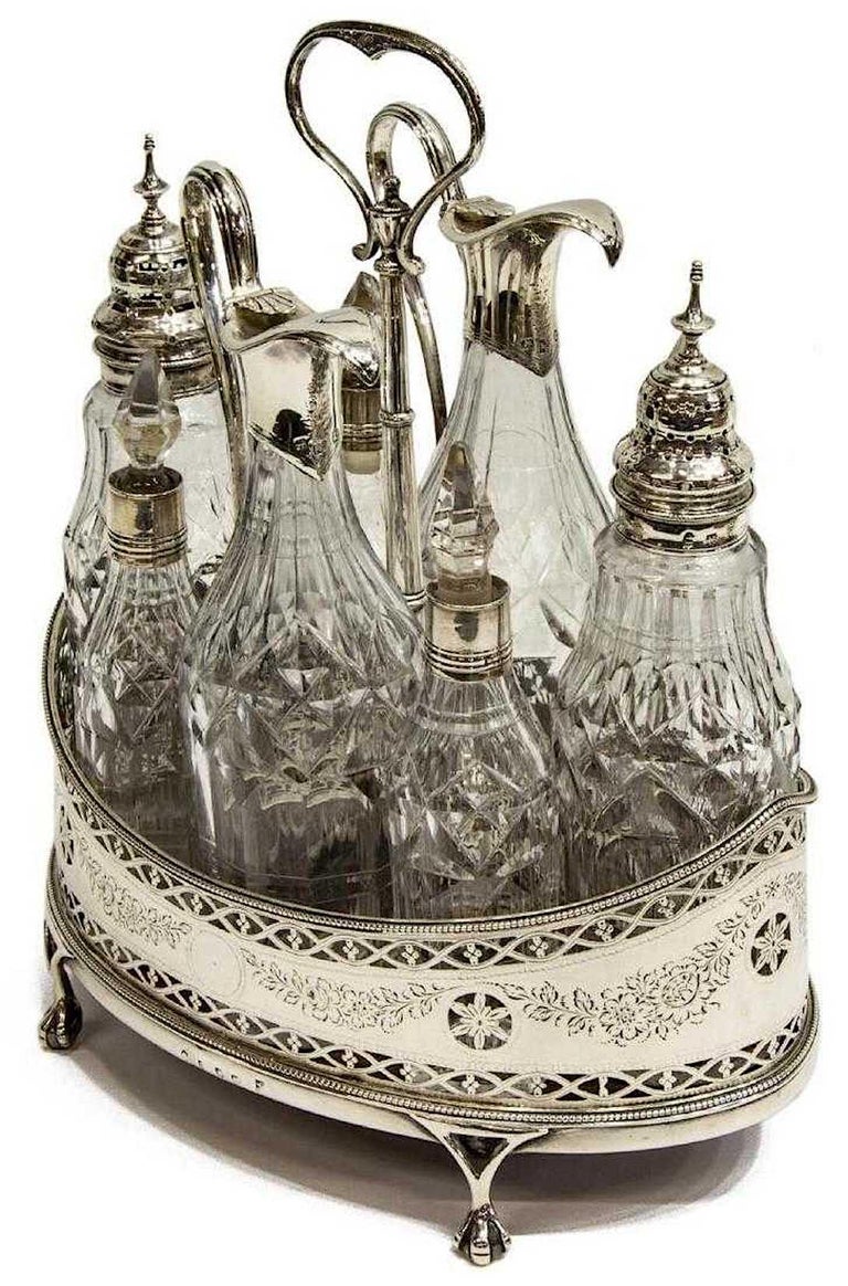 Hester Bateman Sterling Silver Crystal Cruet Set Antique For