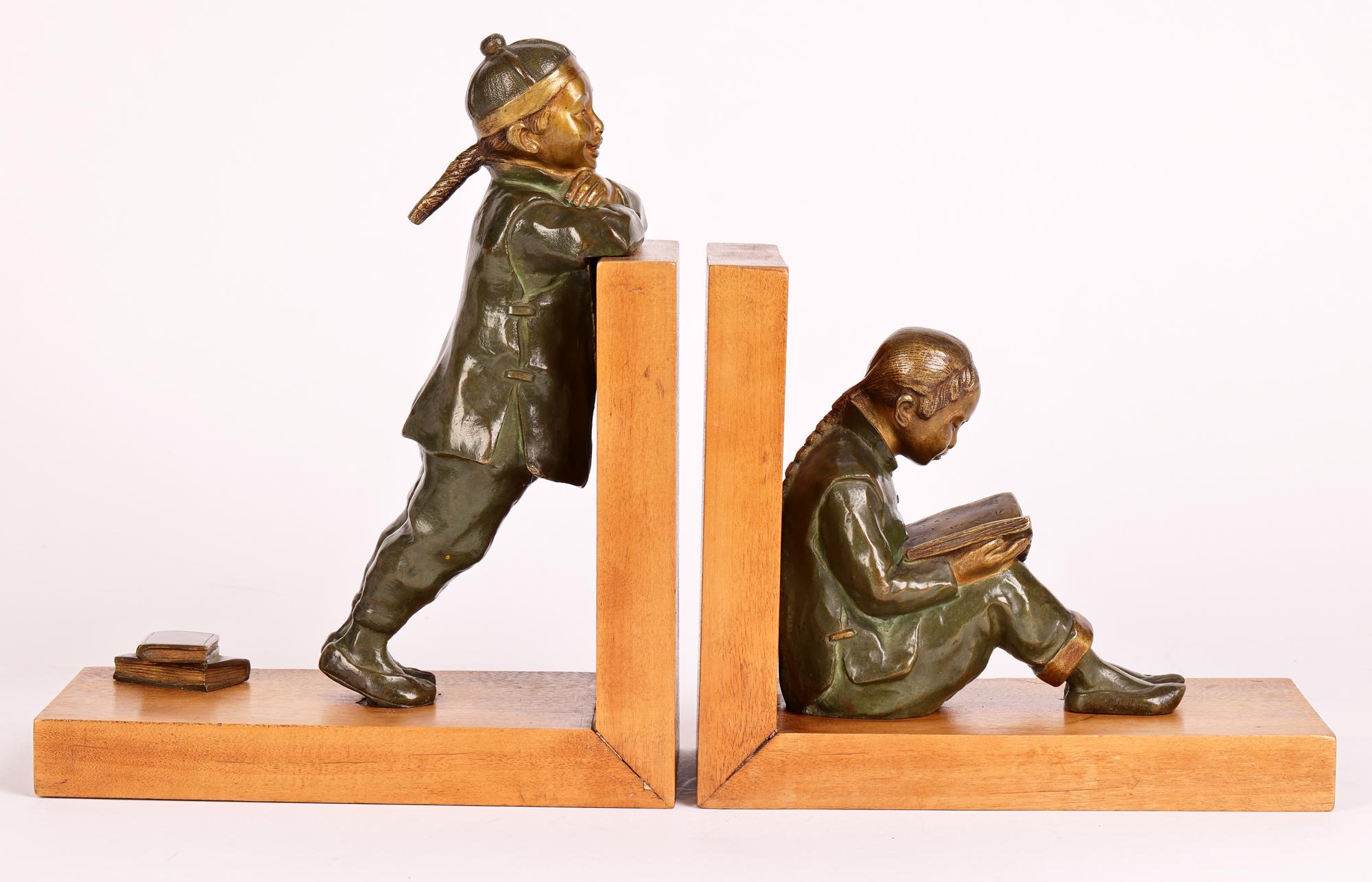 Hand-Painted Hester Mabel White Art Deco Bronze Oriental Children Bookends