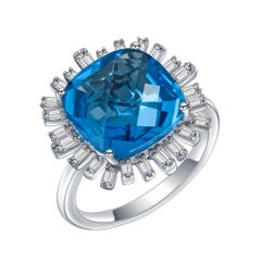 Hestia Modern Cushion Cut Blue Topaz Diamond 18 Karat Gold Romance Cocktail Ring