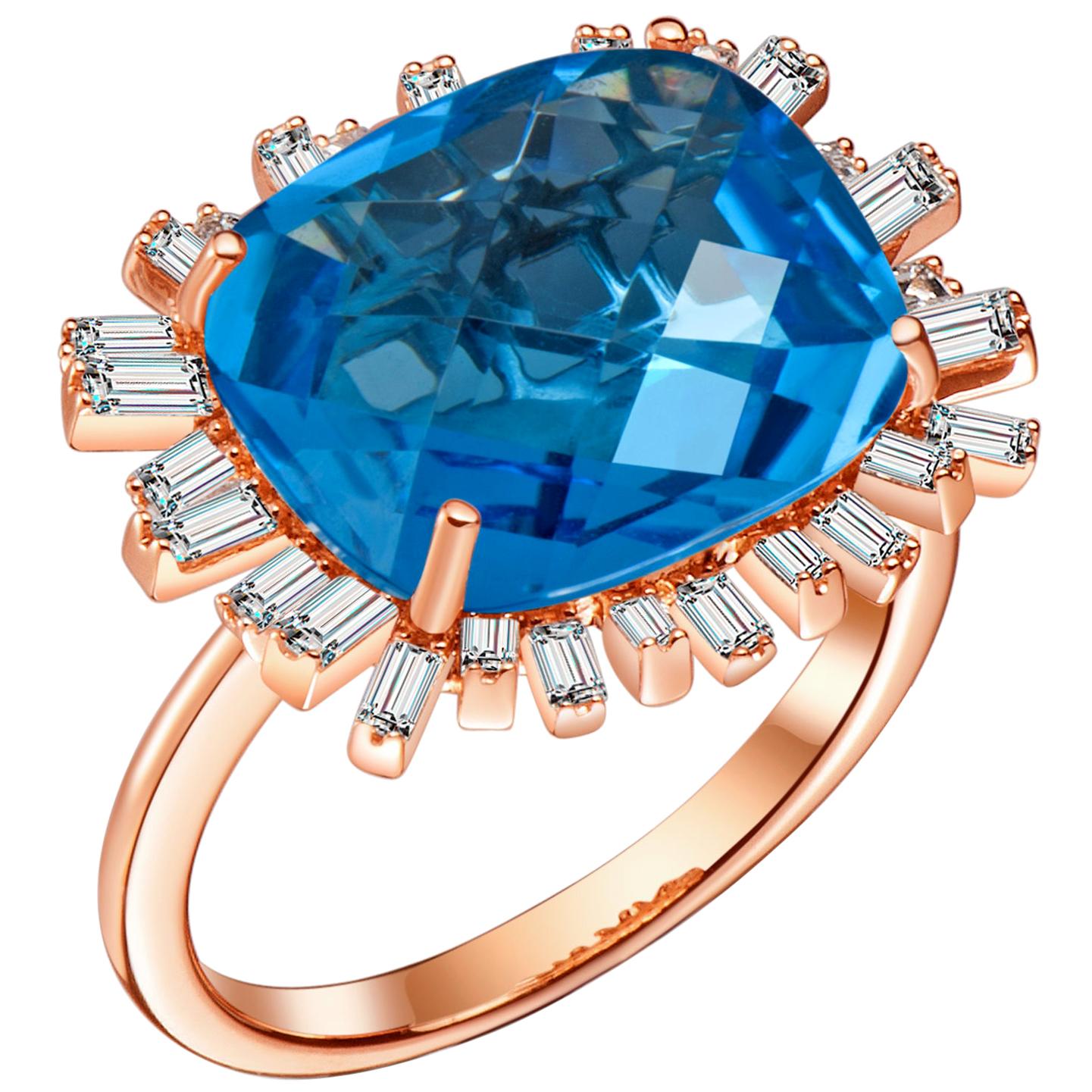 Hestia Modern Cushion Cut Blue Topaz Diamond 18 Karat Gold Romance Cocktail Ring For Sale