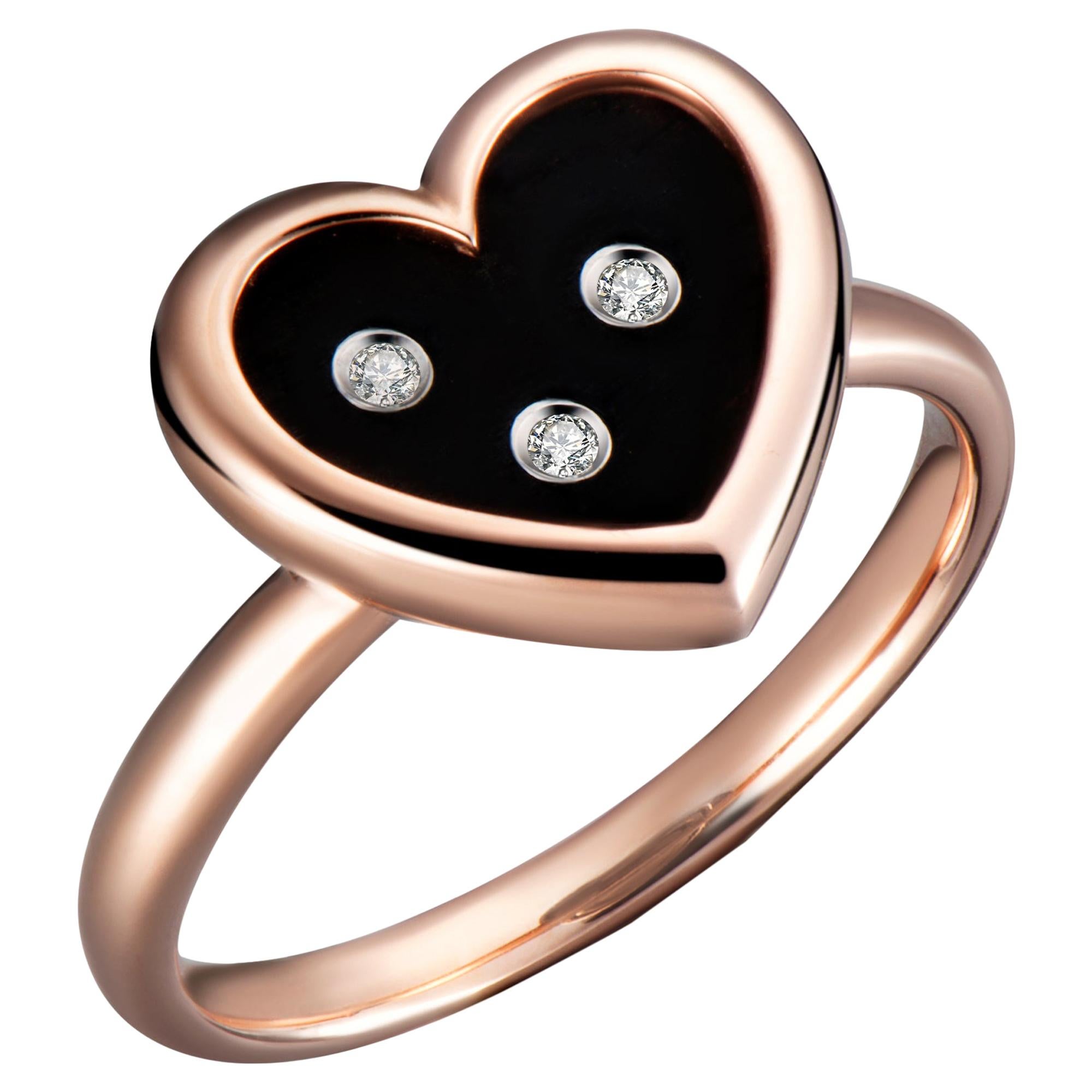 Hestia Modern Onyx Diamond Heart Rose Gold Ring For Sale