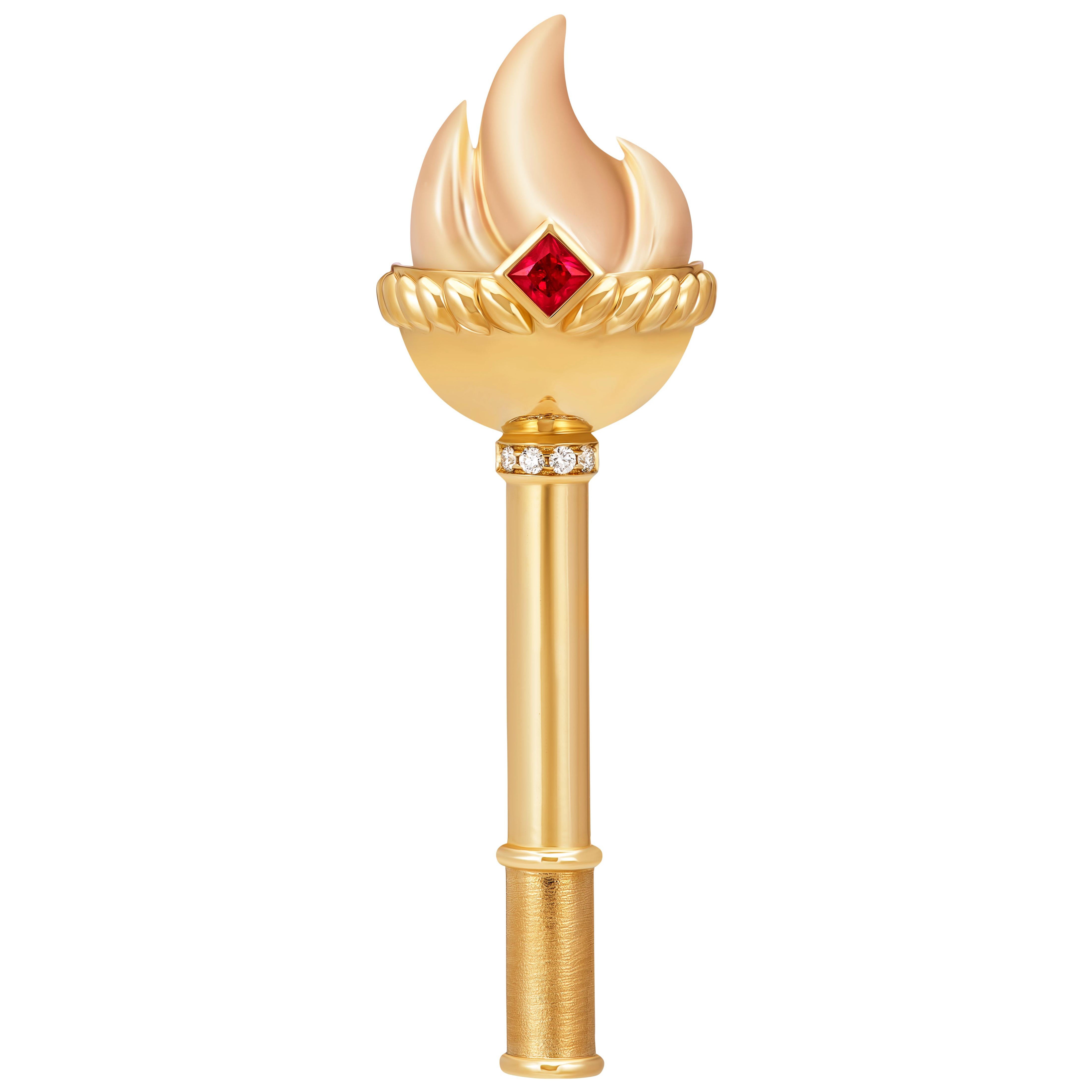 Broche Fuego Sagrado de Hestia, oro amarillo y rojo de 18 quilates, rubíes y diamantes en venta