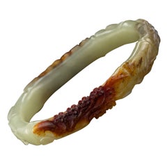 Hetian Jade-Armreif mit Rind, handgeschnitzt, einzigartiger ovaler, zertifiziert und unbehandelt